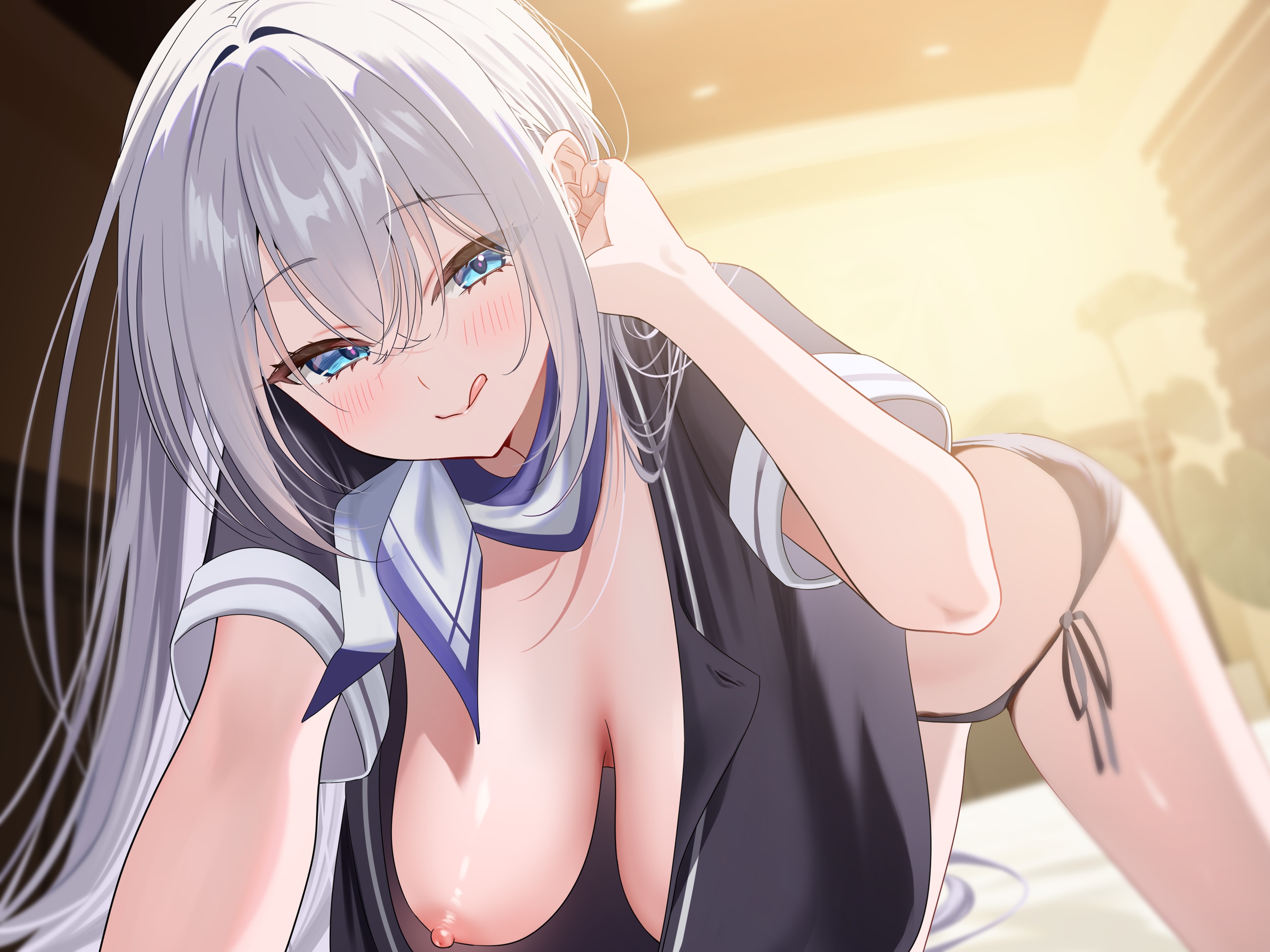 breasts nipples no_bra open_shirt pantsu piyopoyo string_panties uniform