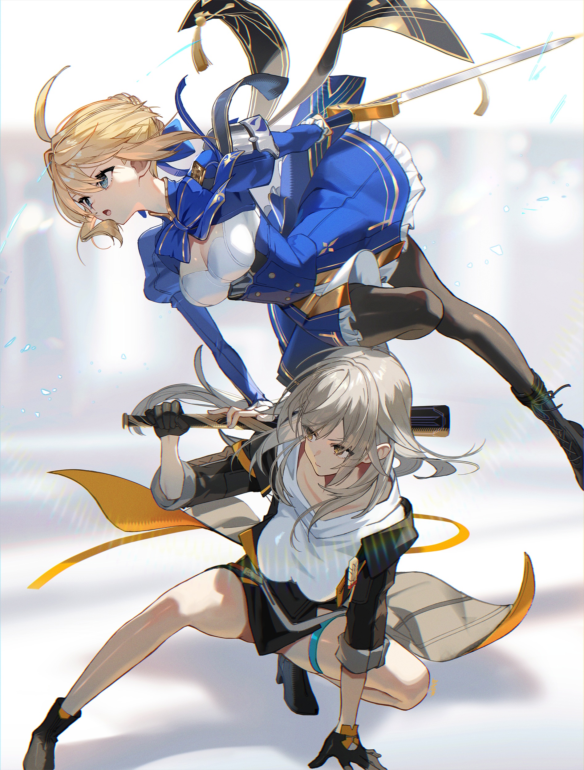 armor artoria_pendragon_(fate) crossover fate/stay_night garter honkai:_star_rail pantyhose scottie skirt_lift stelle sword weapon