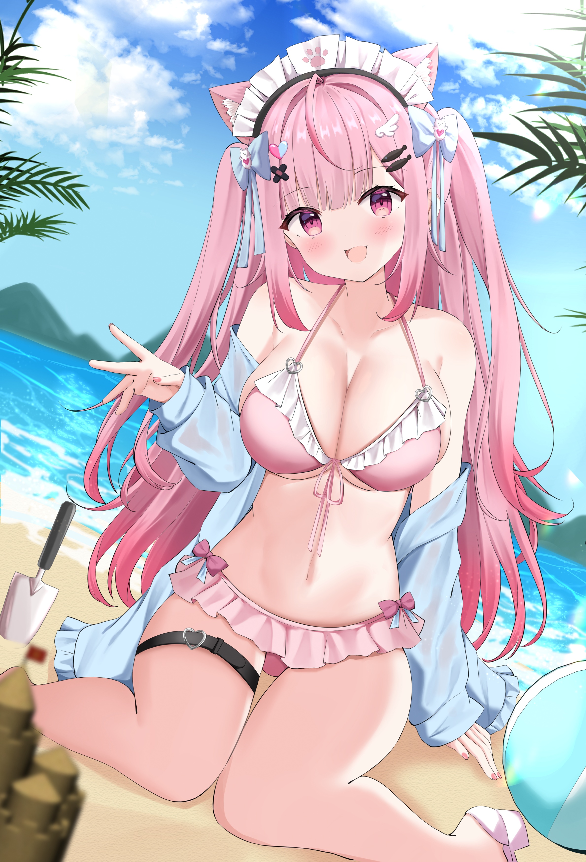 animal_ears bikini garter indie_virtual_youtuber kanti15 maid nekomimi open_shirt see_through skirt_lift swimsuits yuuki_sakuna