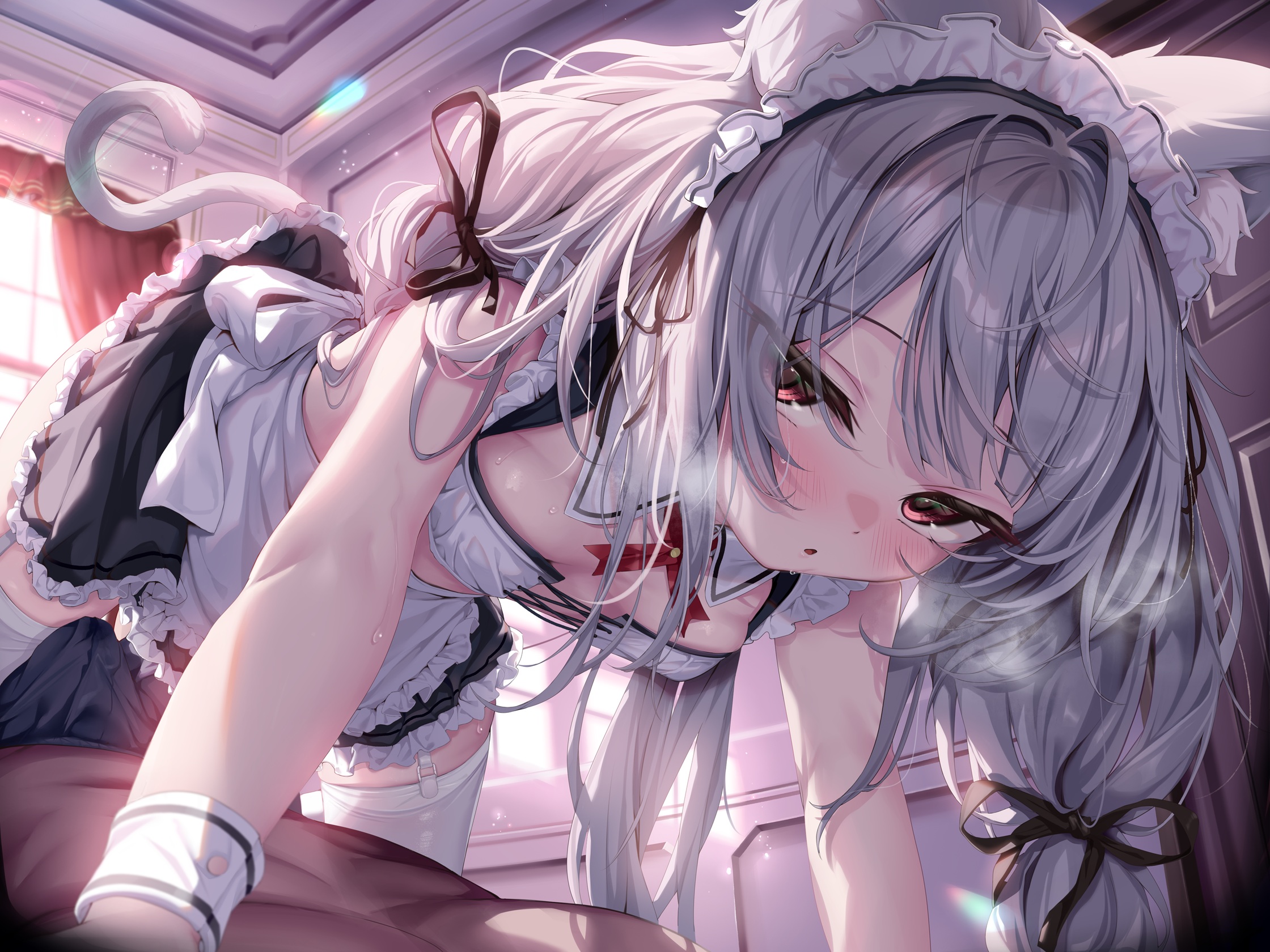 animal_ears kokuto_(kurousagi1210) loli maid nekomimi no_bra stockings tail thighhighs wet