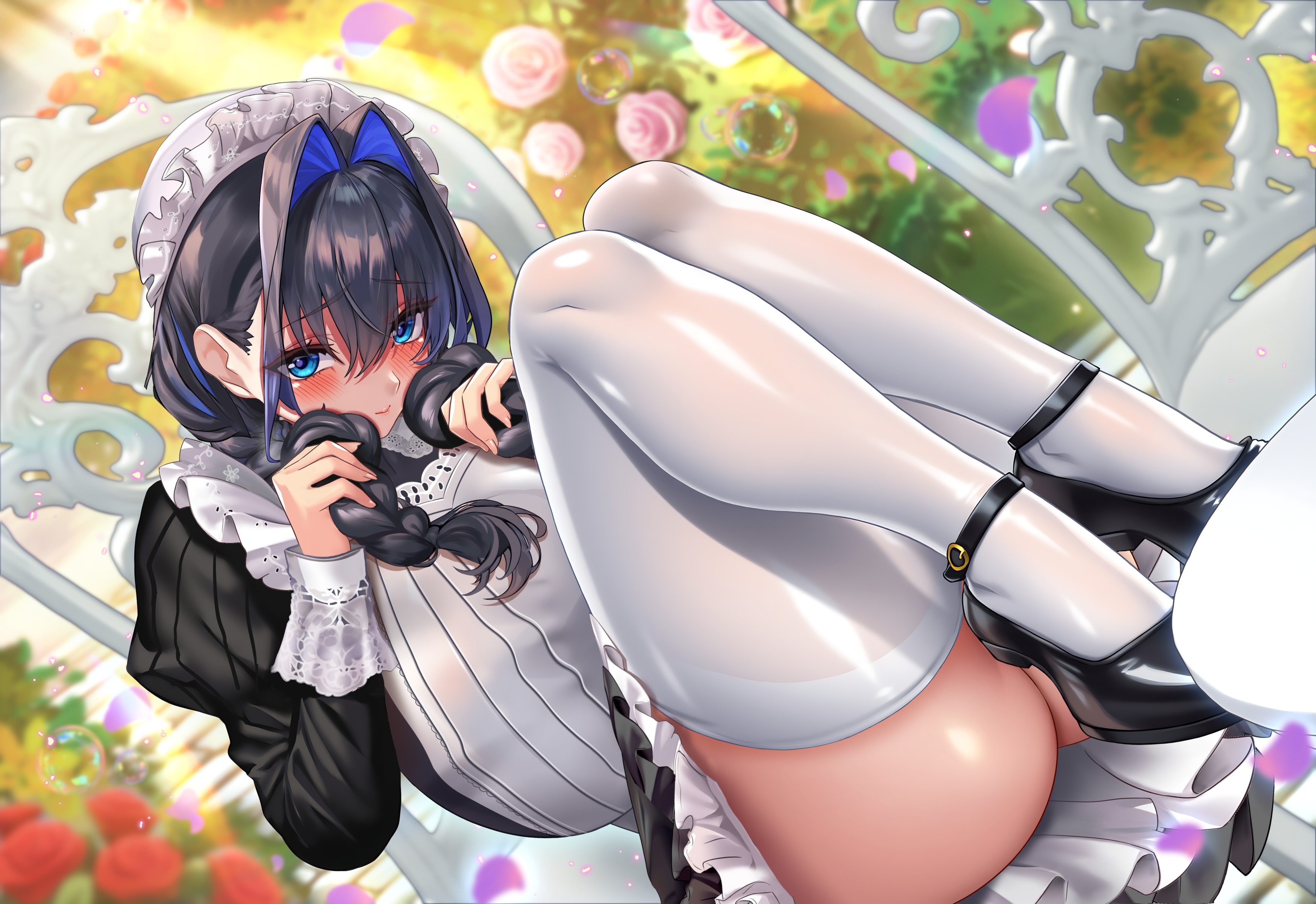 hololive hololive_english jagoo maid ouro_kronii skirt_lift thighhighs