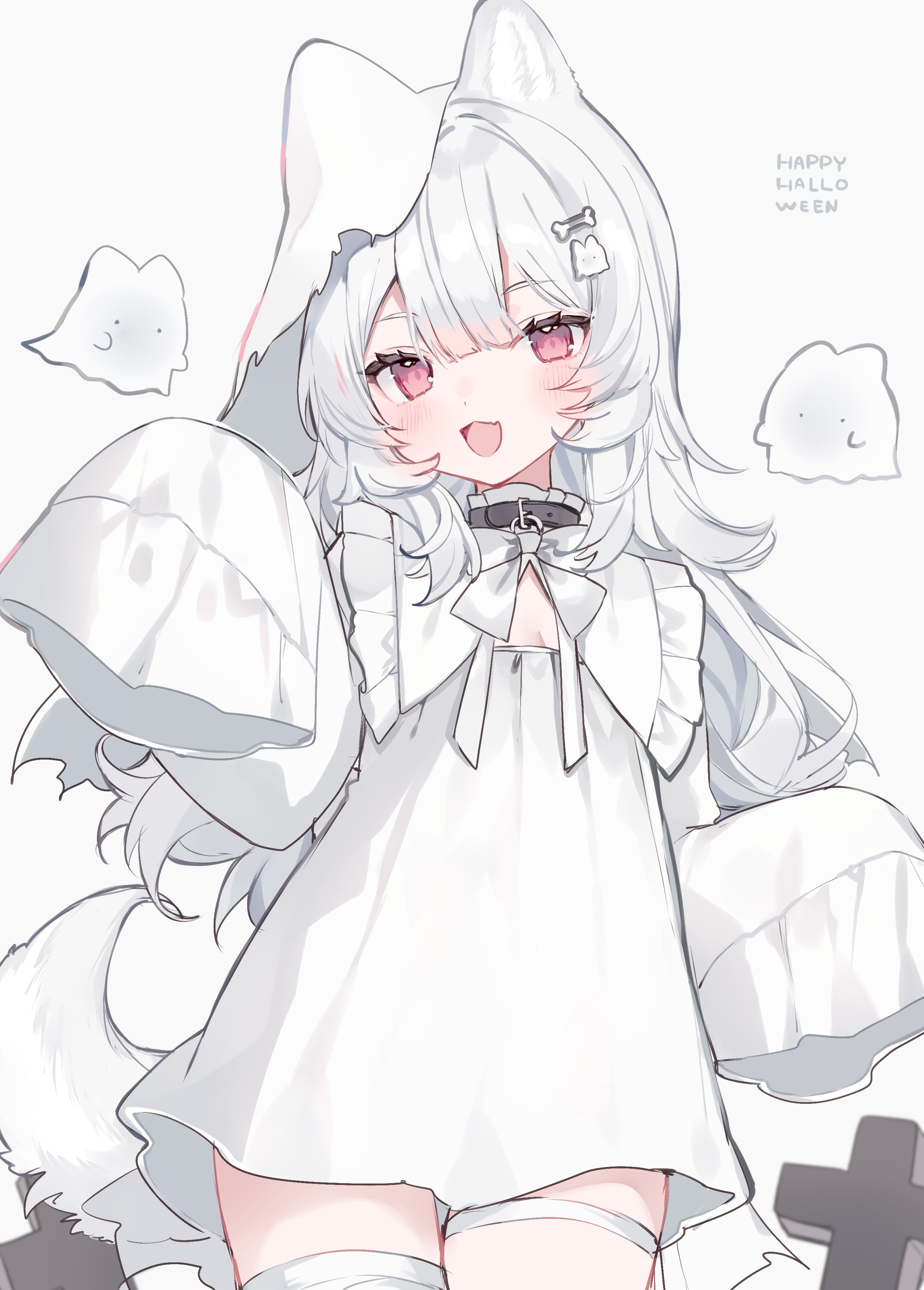 animal_ears bandages cleavage dress garter halloween mokyuko nekomimi tail