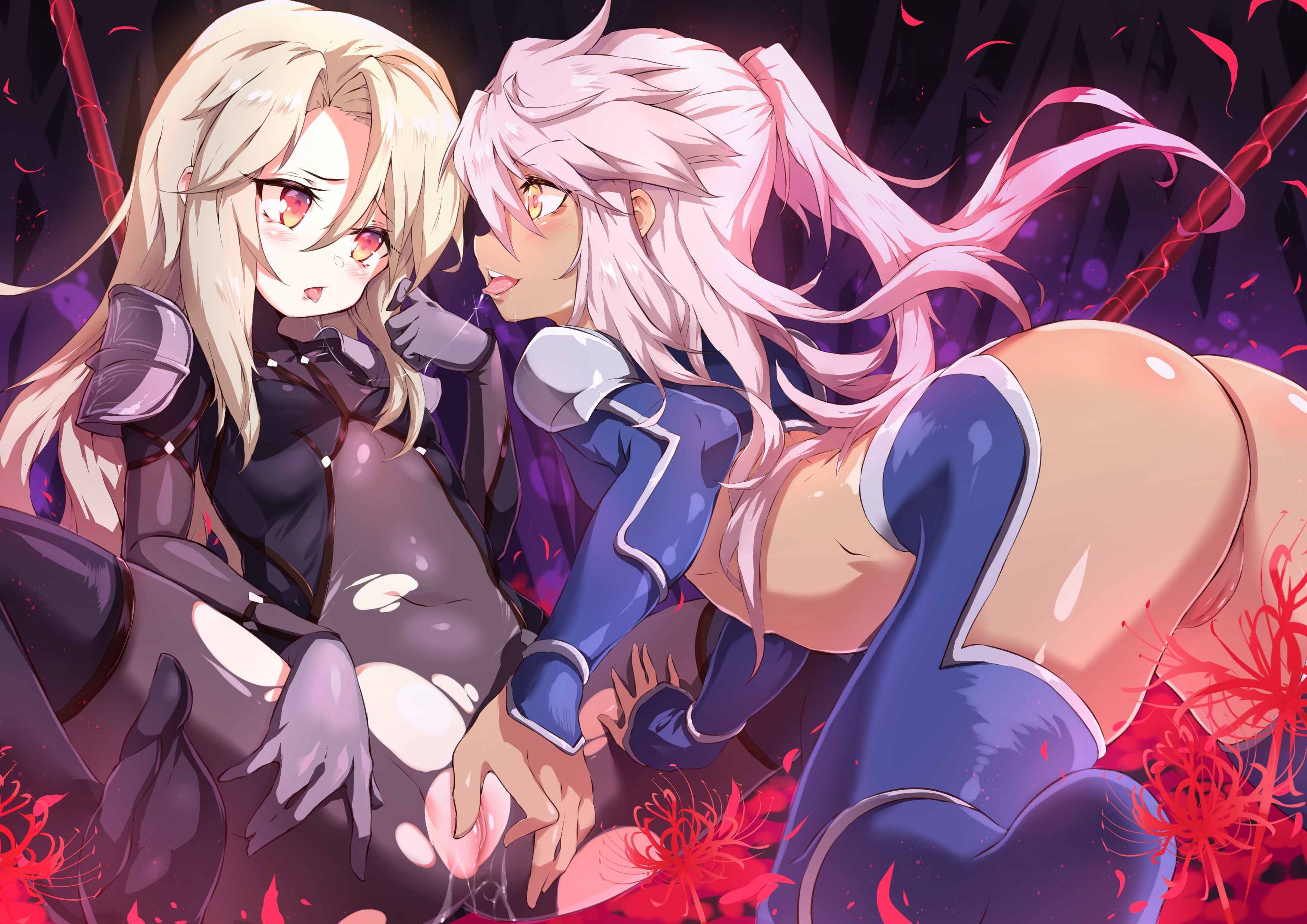 armor ass bodysuit chloe_von_einzbern cosplay cu_chulainn_(fate) fate/kaleid_liner_prisma_illya fate/stay_night feet fingering illyasviel_von_einzbern loli nopan pussy pussy_juice scathach_(fate) shanyao_jiang_tororo torn_clothes uncensored yuri