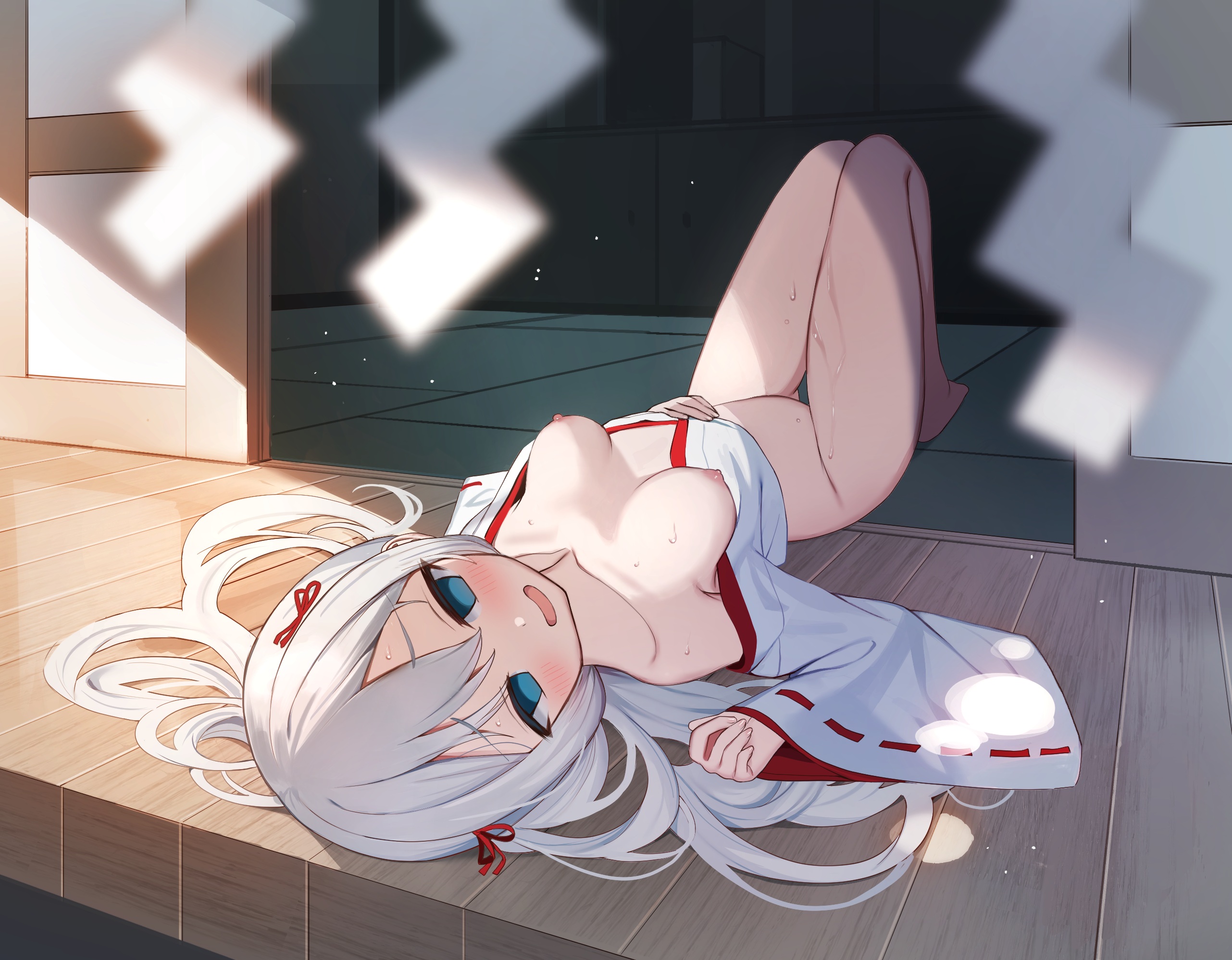 bottomless breasts loli miko nipples no_bra open_shirt tsuki_usagi wet
