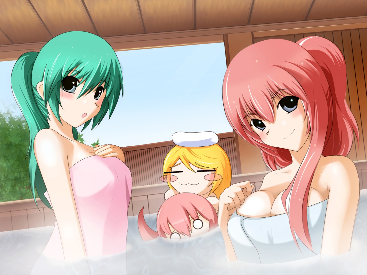 bathing cleavage hatsune_miku kagamine_rin megurine_luka takoluka towel vocaloid wallpaper wet yakitori-oni