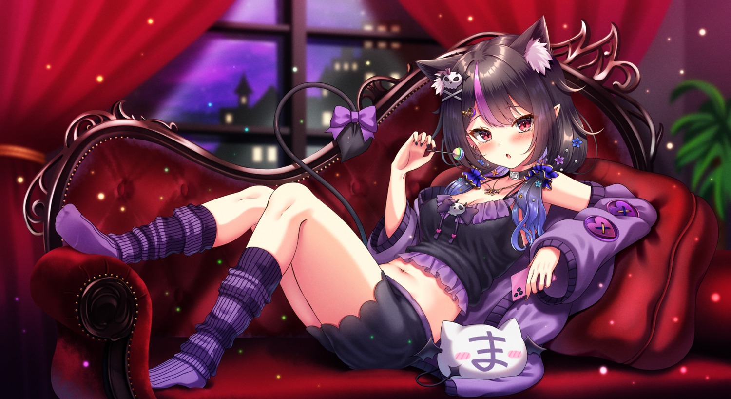 akine_(kuroyuri) animal_ears cleavage nekomimi pointy_ears tail wallpaper