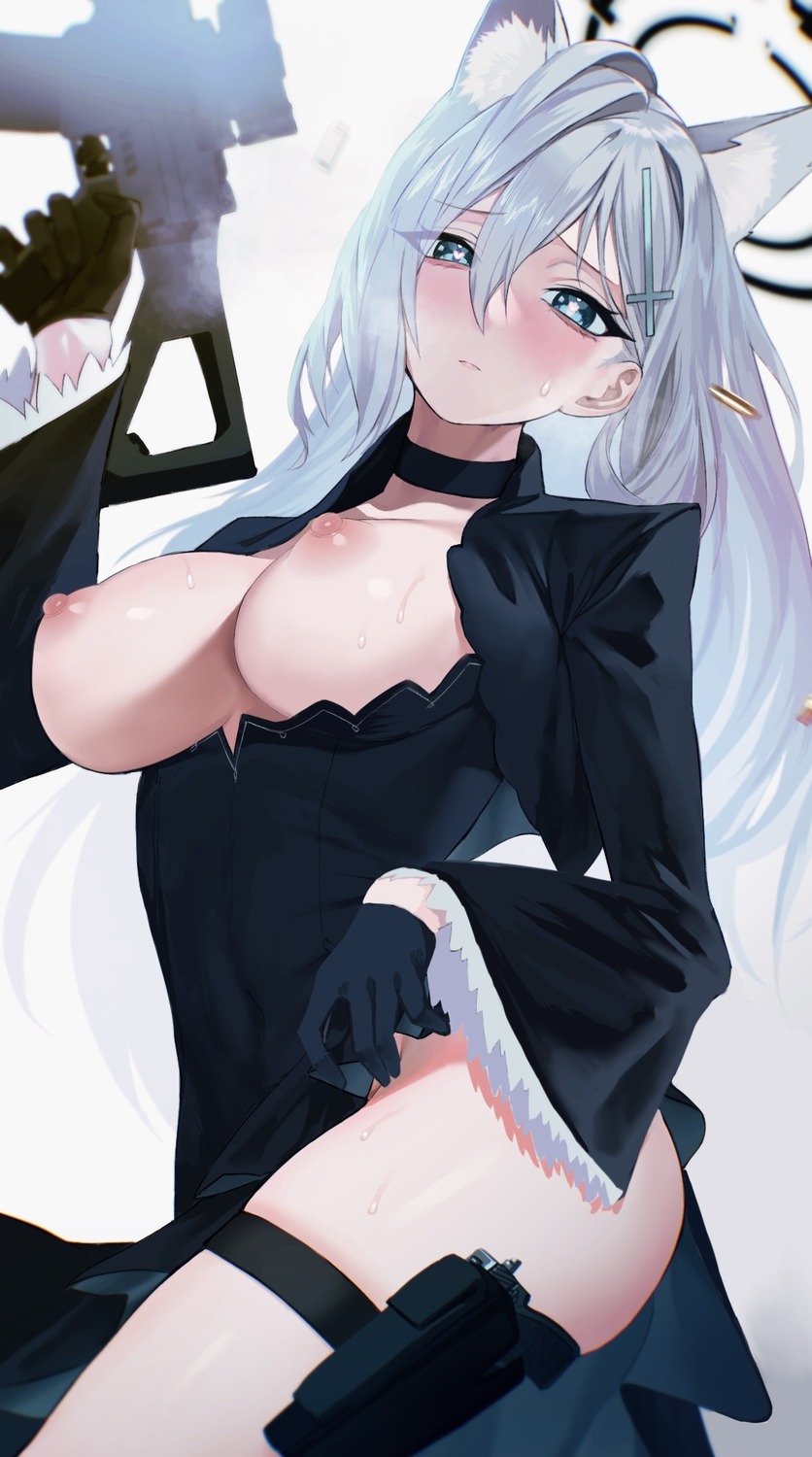 animal_ears blue_archive breasts dress garter gun halo kazane-wind nekomimi nipples no_bra shiroko_terror skirt_lift sunaookami_shiroko