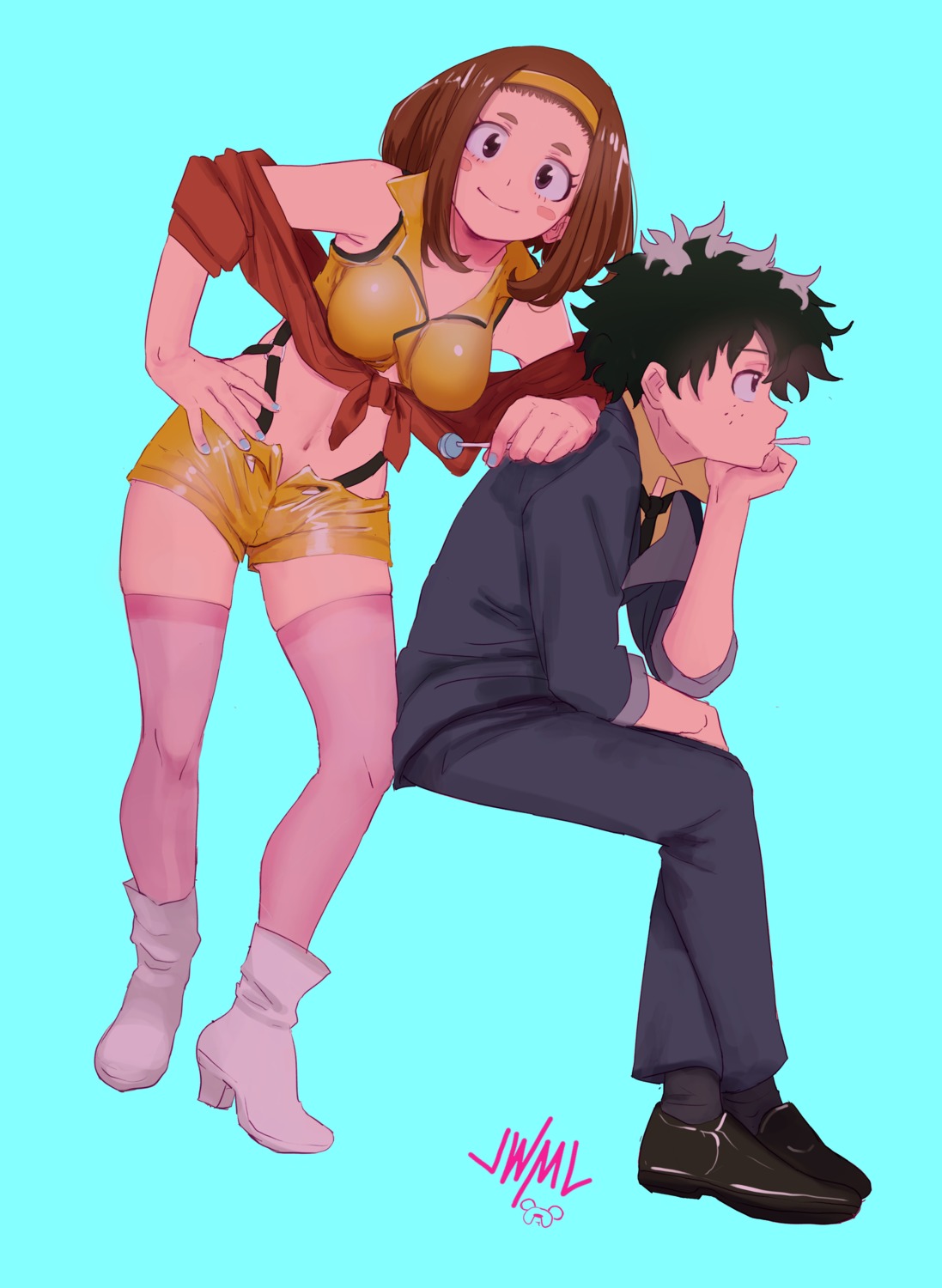 boku_no_hero_academia business_suit cosplay cowboy_bebop faye_valentine heels midoriya_izuku smoking spike_spiegel steamy_tomato thighhighs uraraka_ochako