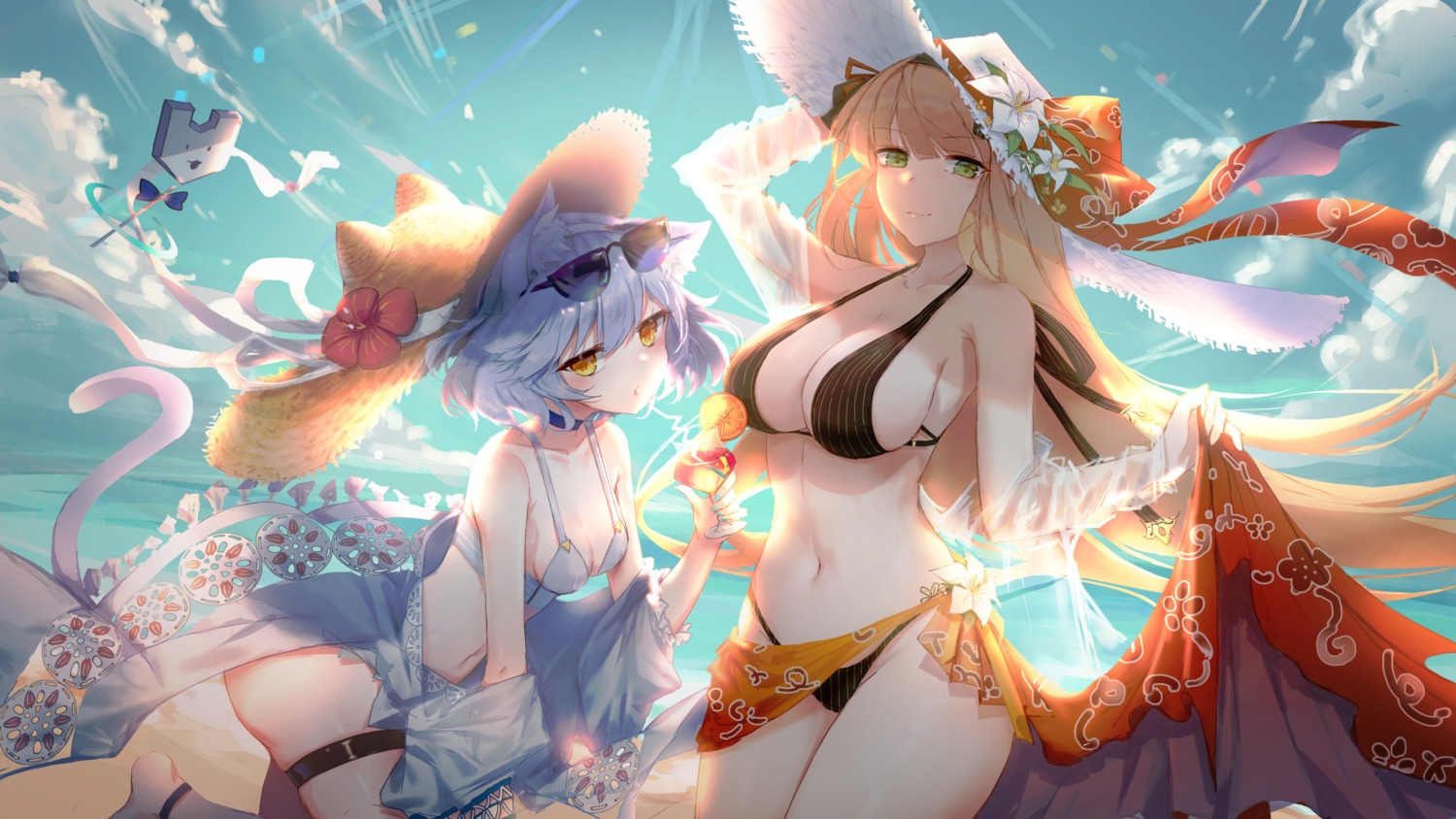 animal_ears bikini cleavage final_gear garter megane open_shirt see_through skirt_lift swimsuits tail xing