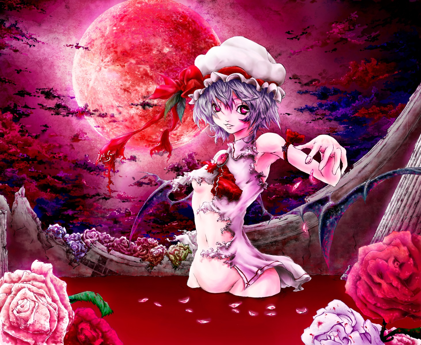 bathing nopan onokoro401 remilia_scarlet torn_clothes touhou underboob