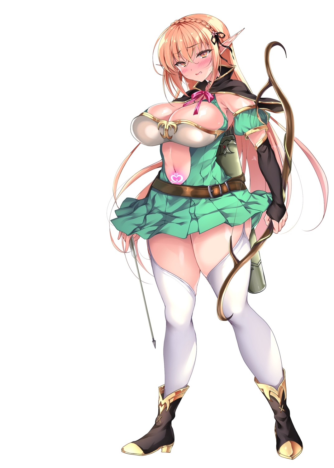 elf heels ninoko no_bra pointy_ears skirt_lift stockings tattoo thighhighs weapon