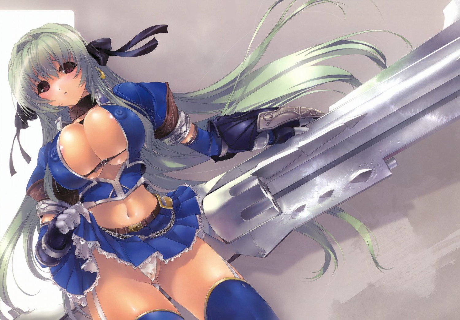 areola cleavage erect_nipples gun miwa_yoshikazu pantsu skirt_lift stockings thighhighs