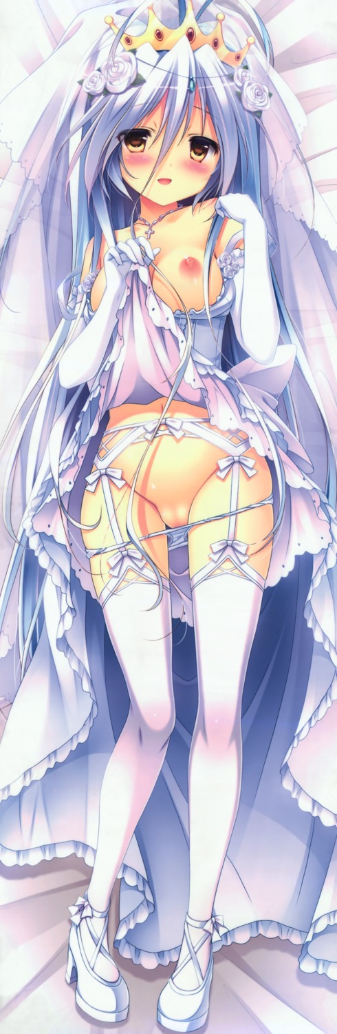 breasts dress garter_belt heels kanojo_ga_ore_ni_kureta_mono._ore_ga_kanojo_ni_ageru_mono. nabekane_tsubasa nipples no_bra onomatope* pantsu panty_pull shiratama skirt_lift stockings thighhighs wedding_dress