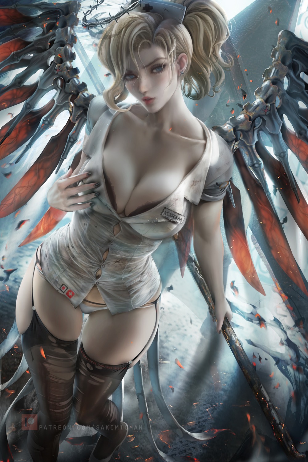 bra breast_hold mercy_(overwatch) nurse open_shirt overwatch pantsu sakimichan see_through stockings thighhighs torn_clothes weapon wings