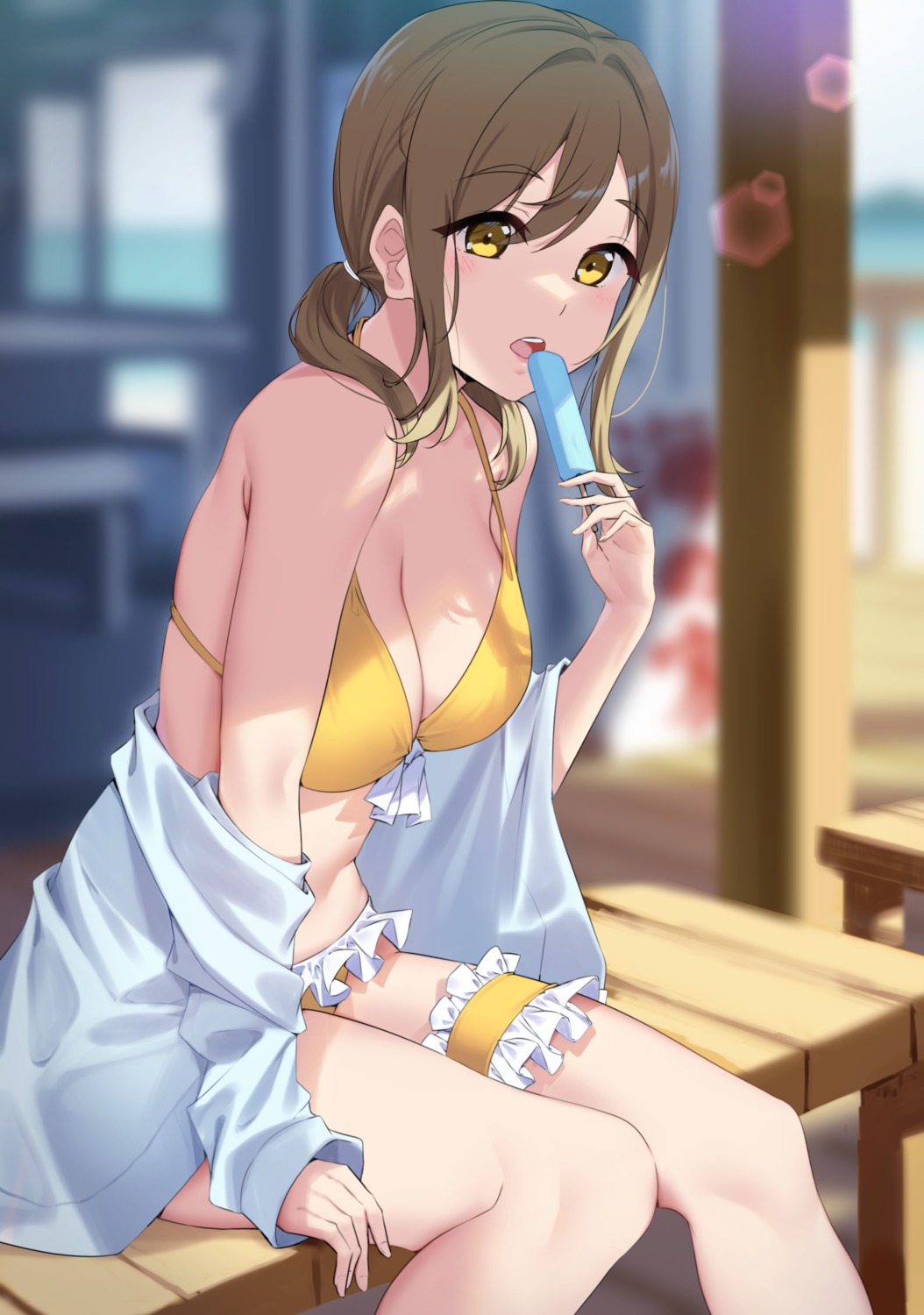 bikini cleavage garter kunikida_hanamaru love_live!_sunshine!! open_shirt swimsuits yamaori_(yamaorimon)