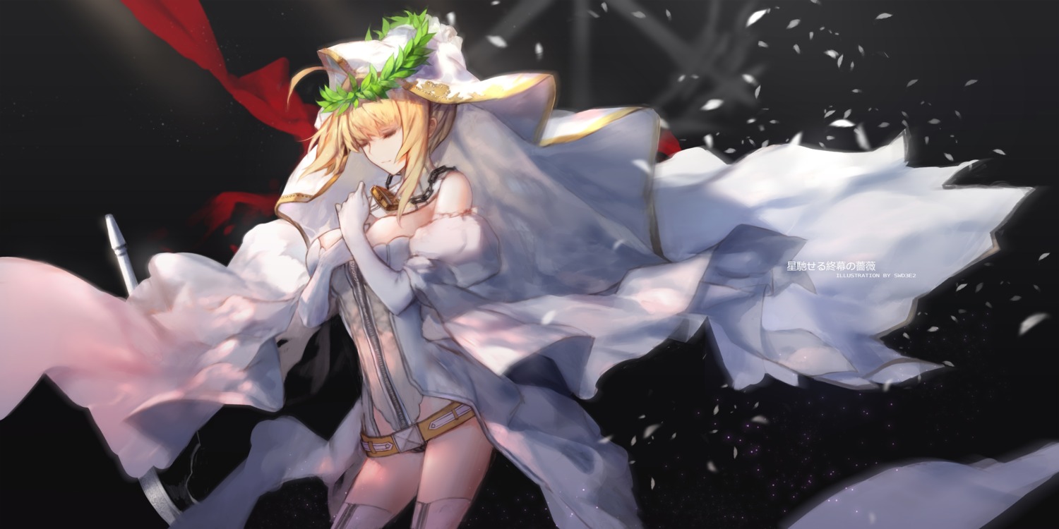 breast_hold fate/extra fate/extra_ccc fate/stay_night saber_bride saber_extra swd3e2 thighhighs