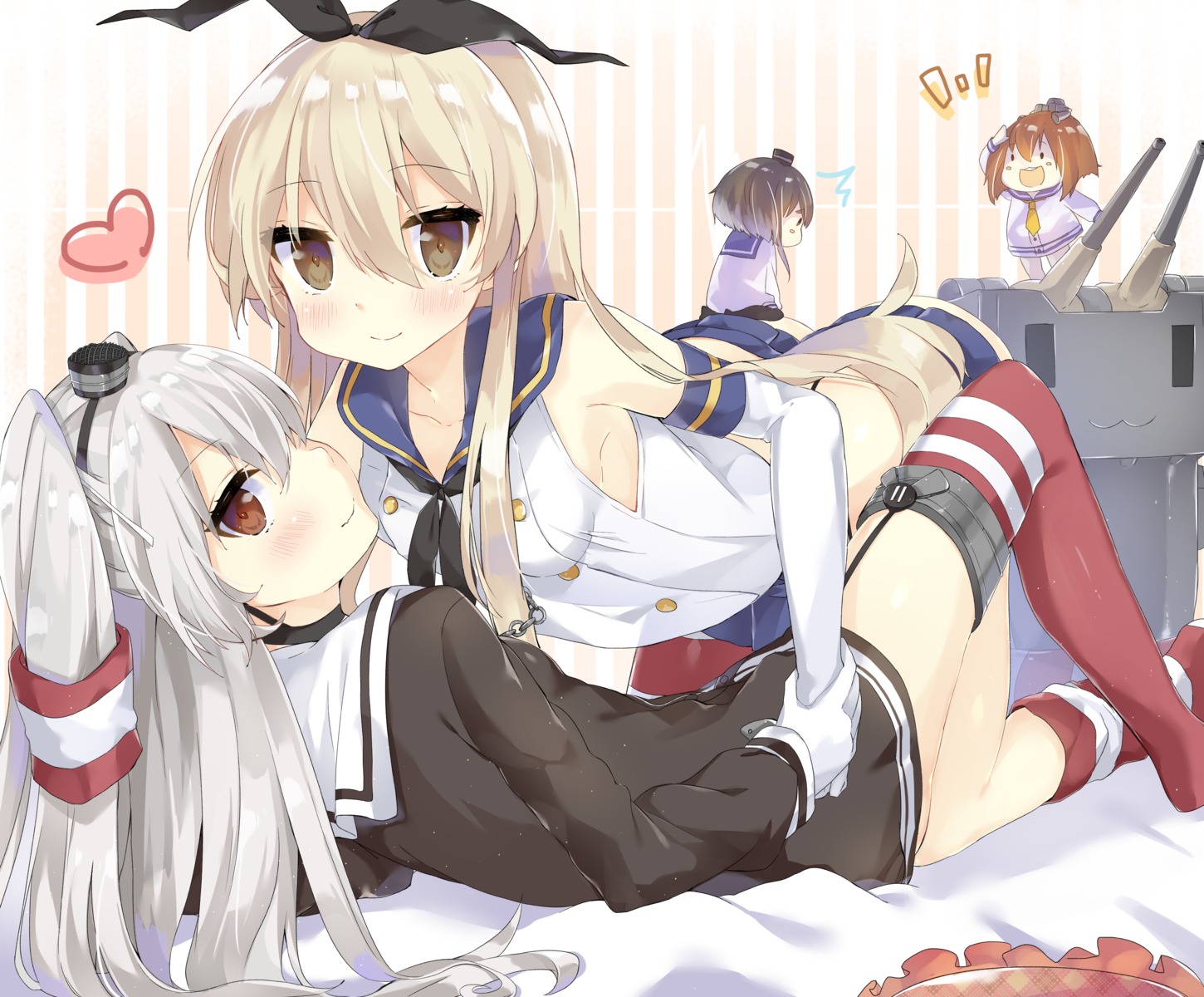 amatsukaze_(kancolle) chibi g-buri kantai_collection seifuku shimakaze_(kancolle) stockings thighhighs tokitsukaze_(kancolle) yukikaze_(kancolle)