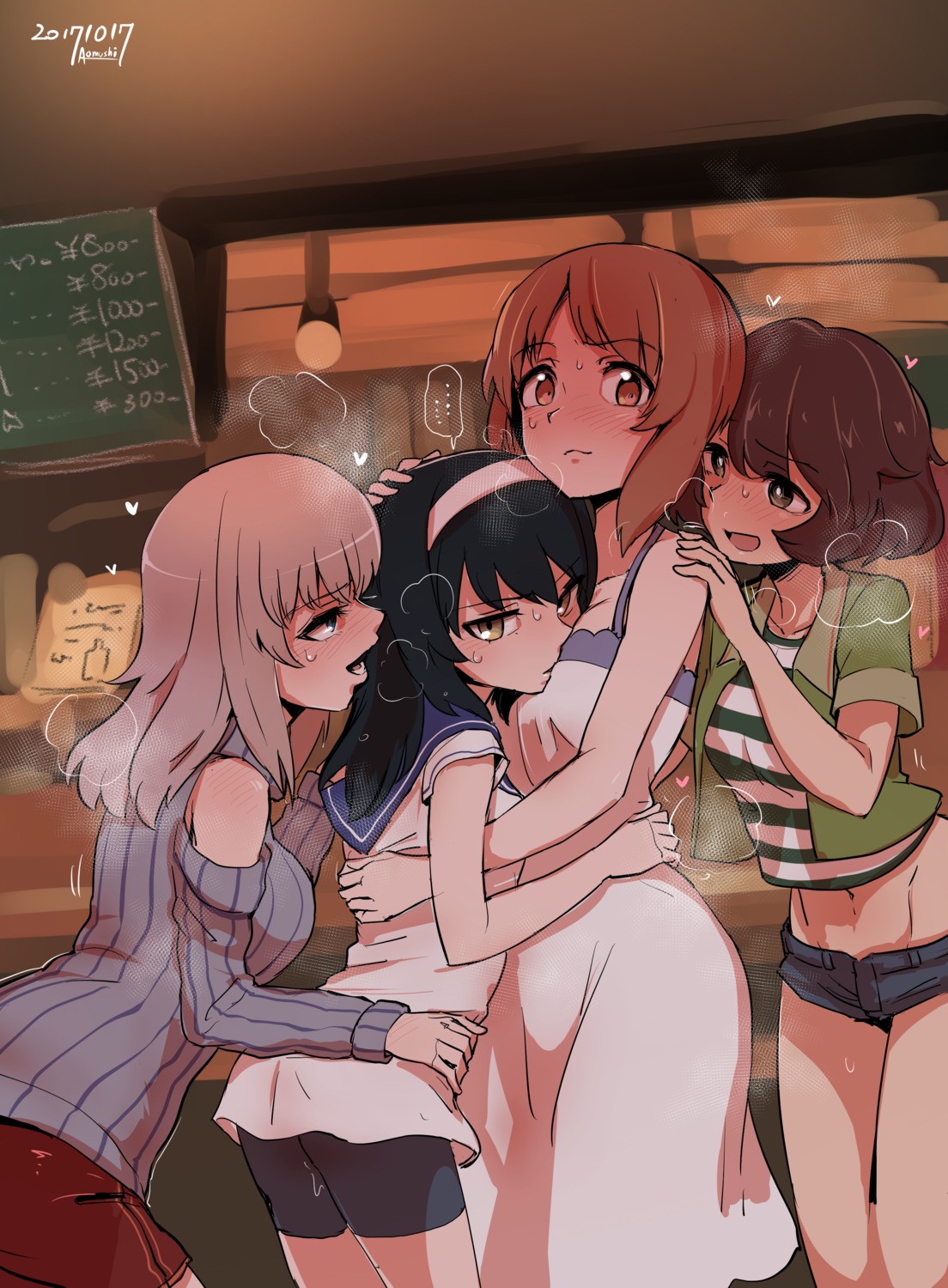 akiyama_yukari aomushi_(mushamusha) bike_shorts dress girls_und_panzer itsumi_erika nishizumi_miho pussy_juice reizei_mako summer_dress sweater yuri