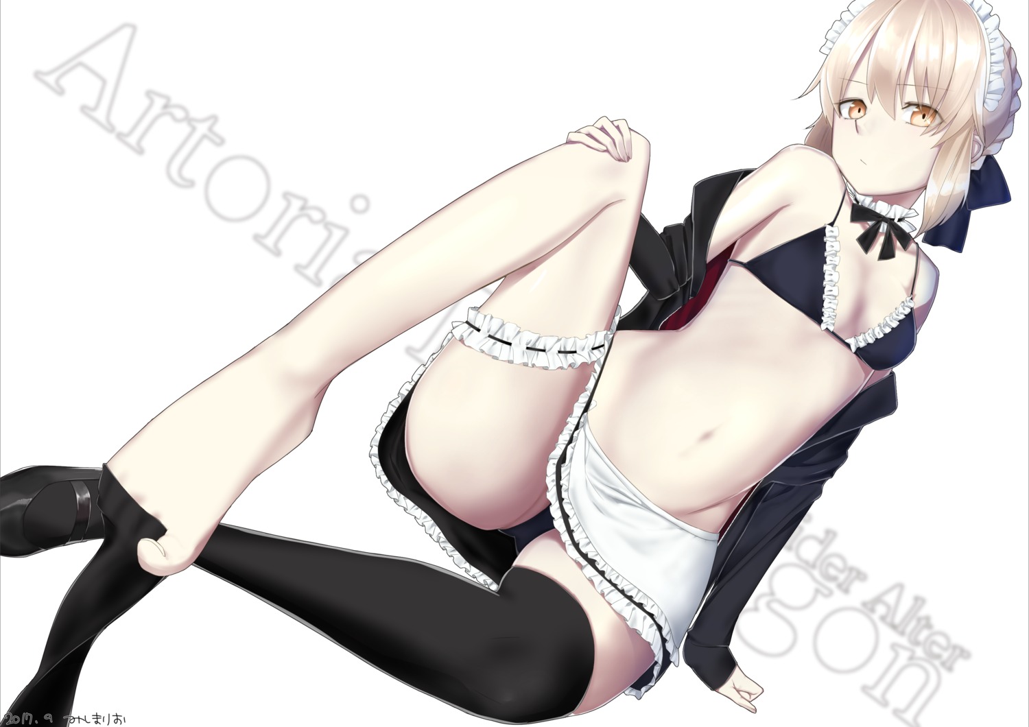 bikini fate/grand_order feet garter maid mishimario open_shirt saber saber_alter swimsuits thighhighs