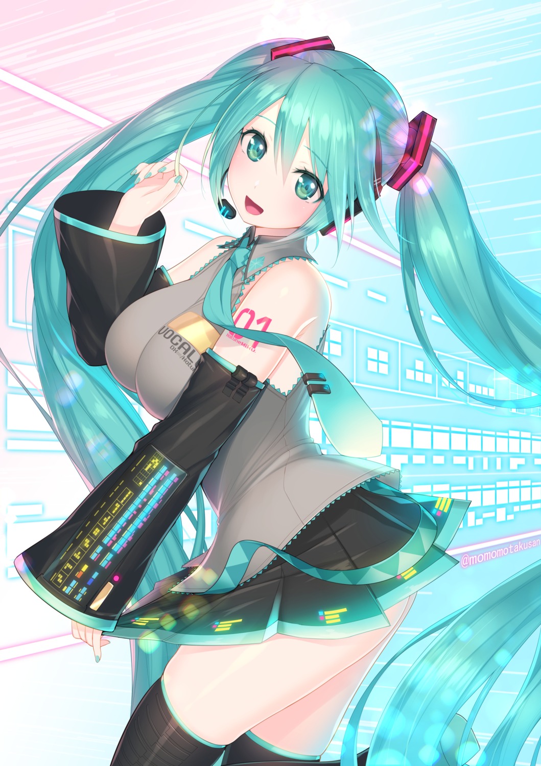 ass hatsune_miku headphones kashiwamochi_yomogi skirt_lift tattoo thighhighs vocaloid