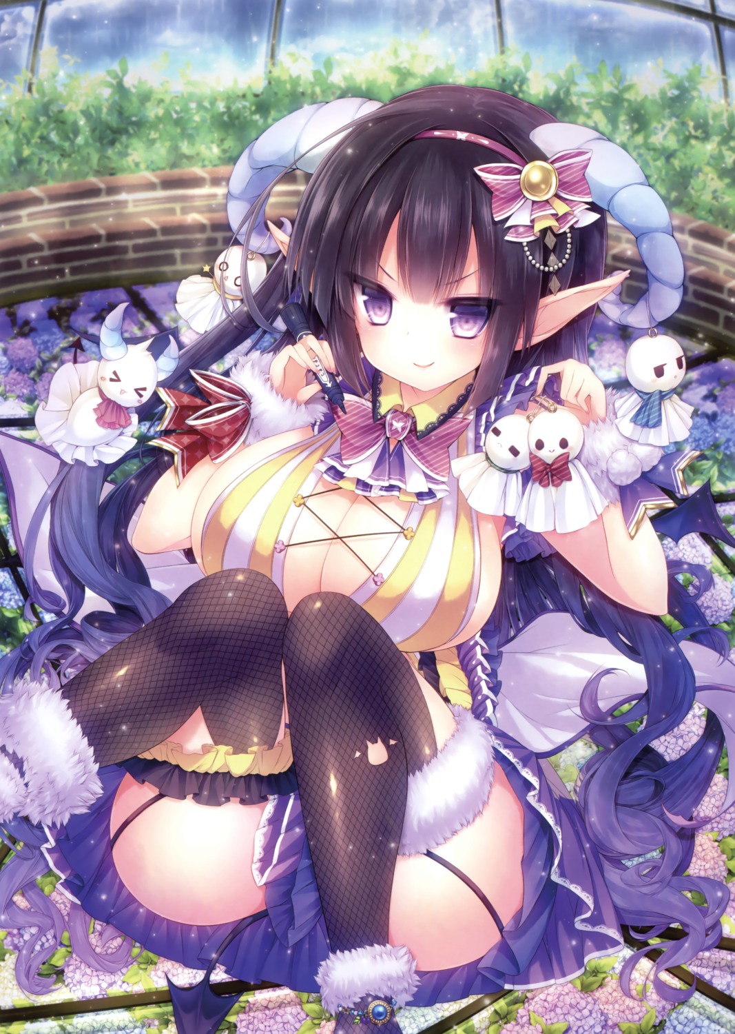 devil fishnets garter horns kabocha_usagi pointy_ears skirt_lift stockings tail thighhighs wings