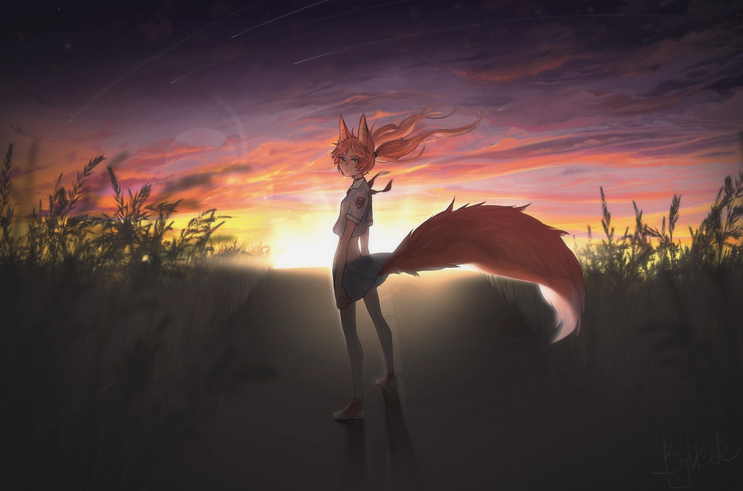 animal_ears kitsune moonworks seifuku skirt_lift tail thighhighs