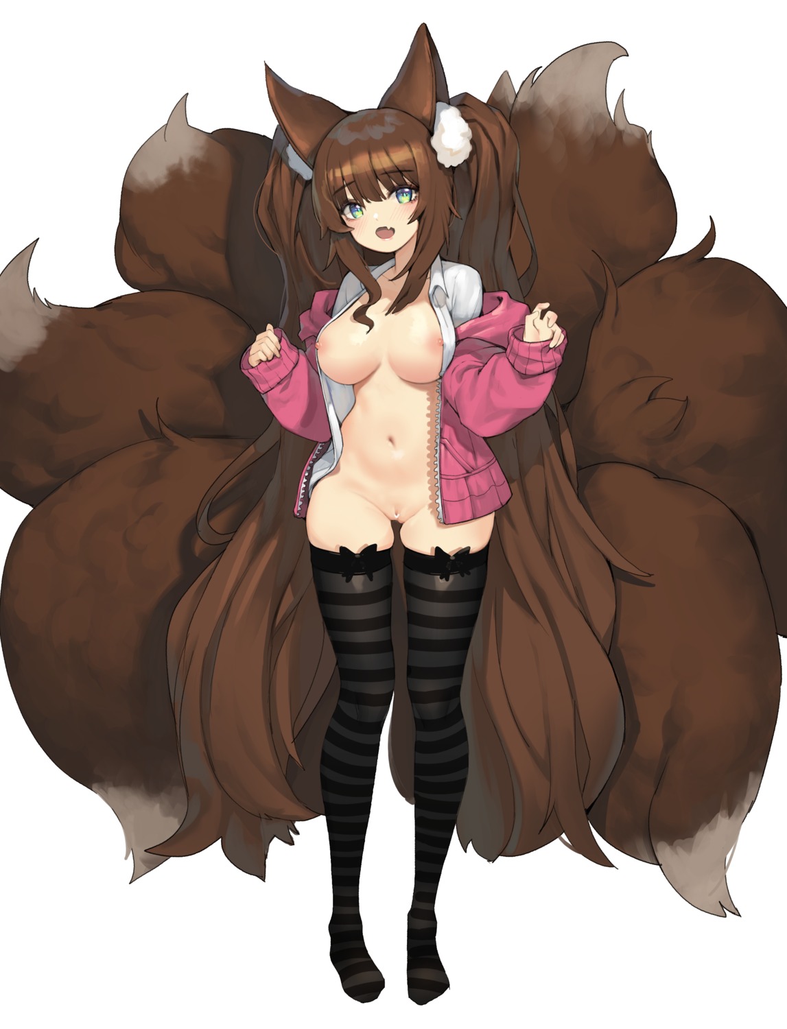 animal_ears bottomless breasts censored kitsune nipples no_bra open_shirt plushmallow pussy romana seifuku tail thighhighs