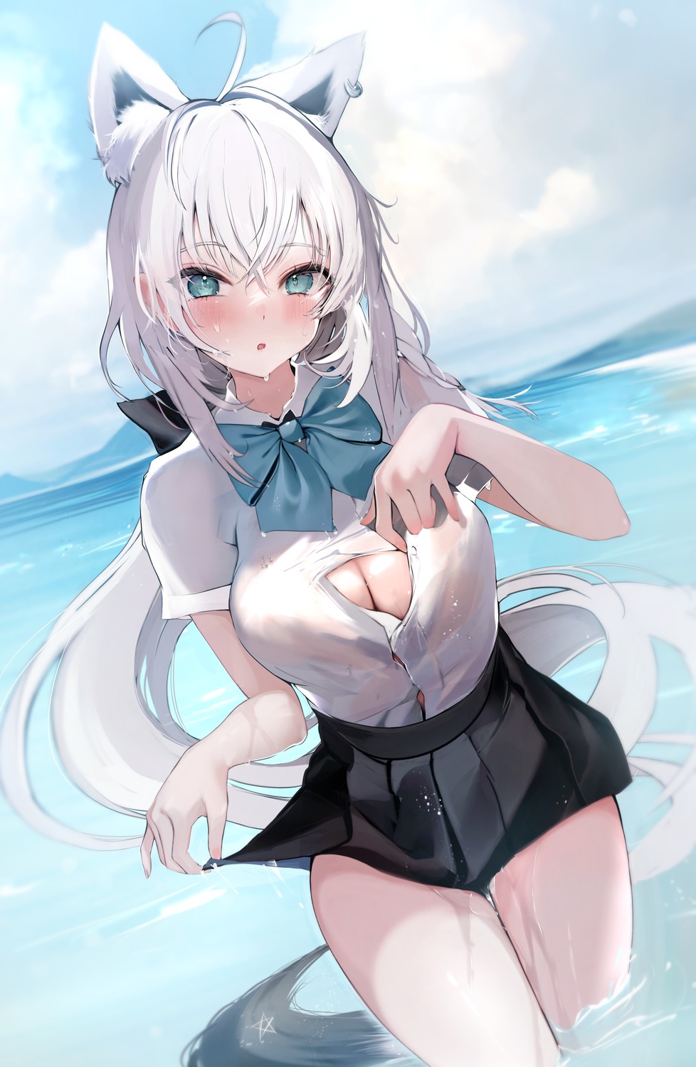 animal_ears hololive hololive_gamers kitsune niku_(hamuchang) no_bra open_shirt see_through seifuku shirakami_fubuki tail undressing wet wet_clothes