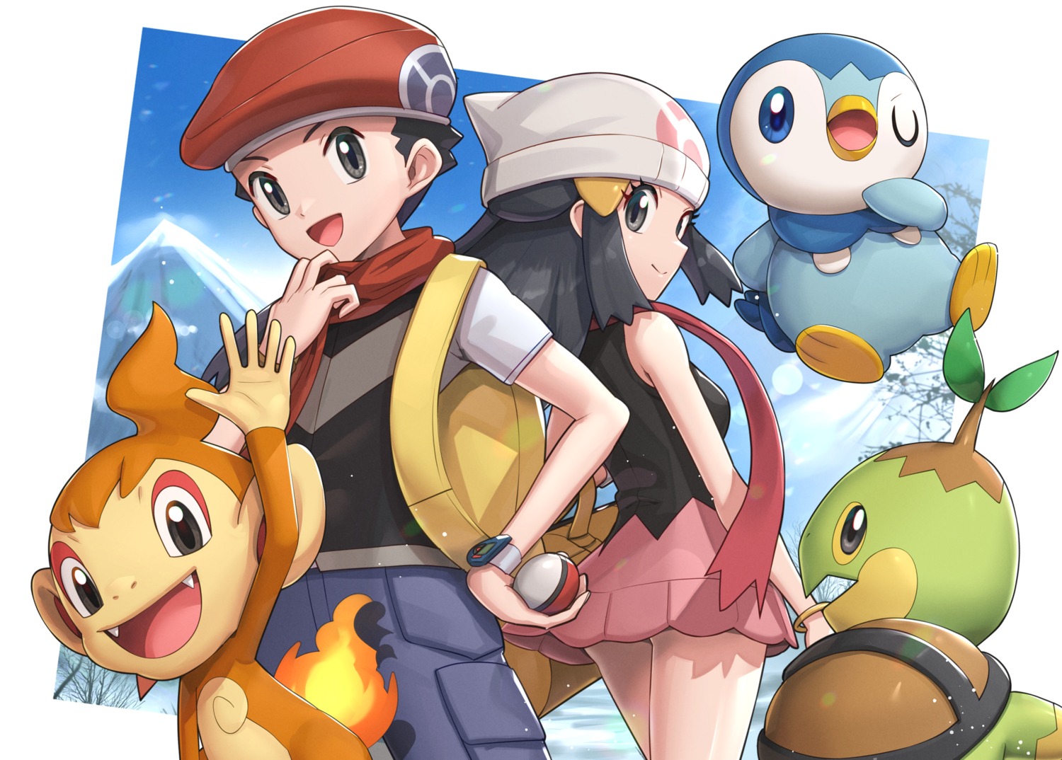 chimchar gonzarez hikari_(pokemon) kouki_(pokemon) piplup pokemon pokemon_bdsp pokemon_dppt turtwig