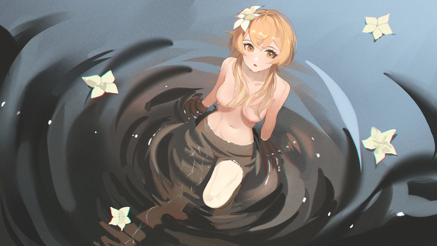 censored da_(datako) genshin_impact lumine naked nipples wallpaper wet