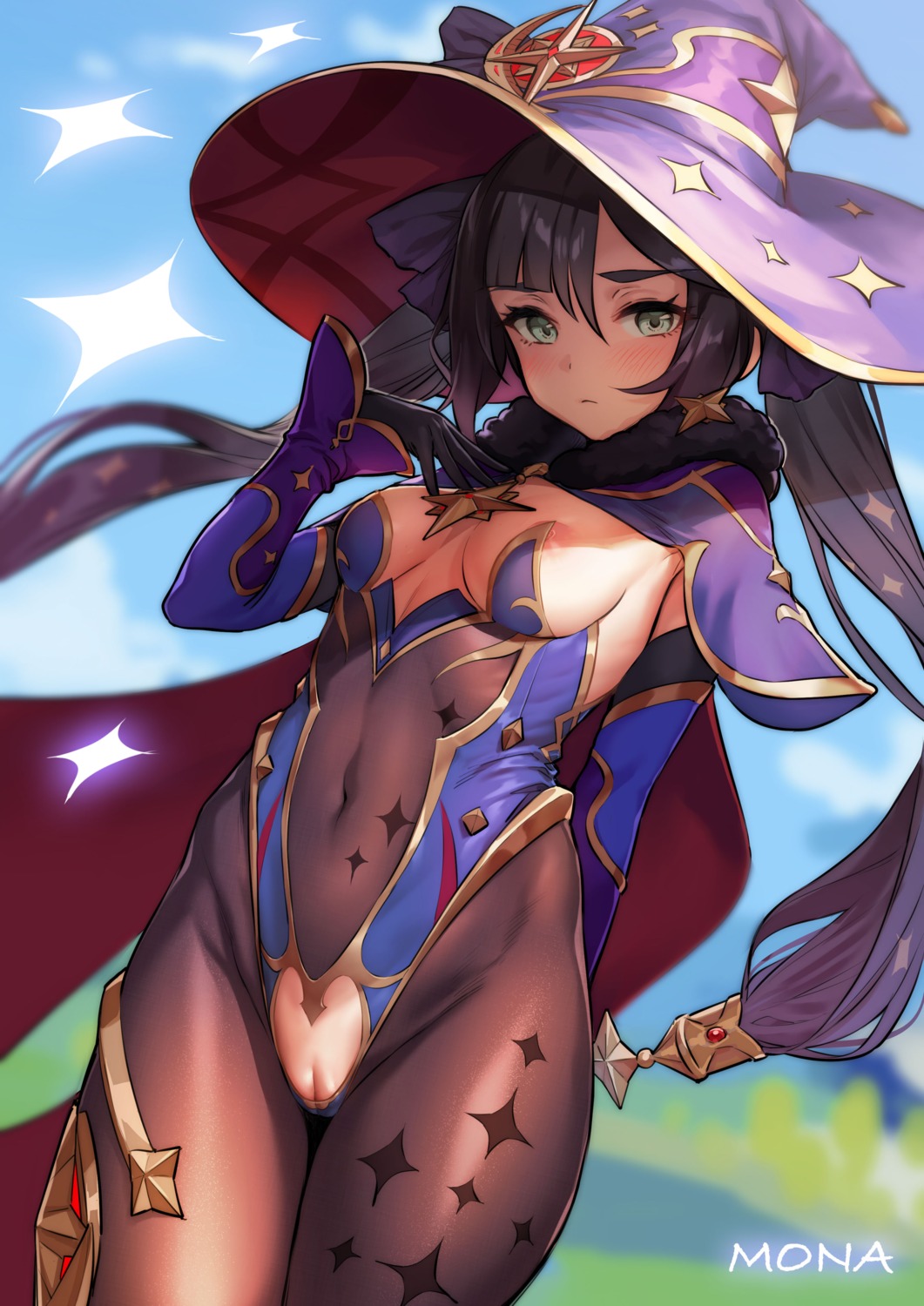 genshin_impact leotard mona_megistus nipple_slip no_bra nopan ogre_craft pantyhose pussy torn_clothes uncensored witch