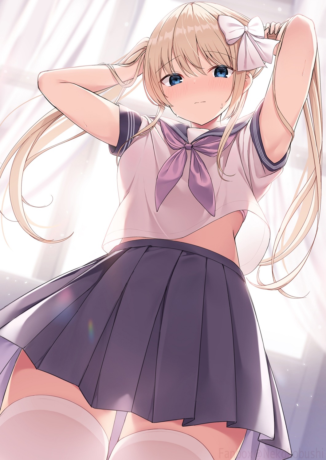 bra nekokobushi see_through seifuku shirt_lift thighhighs