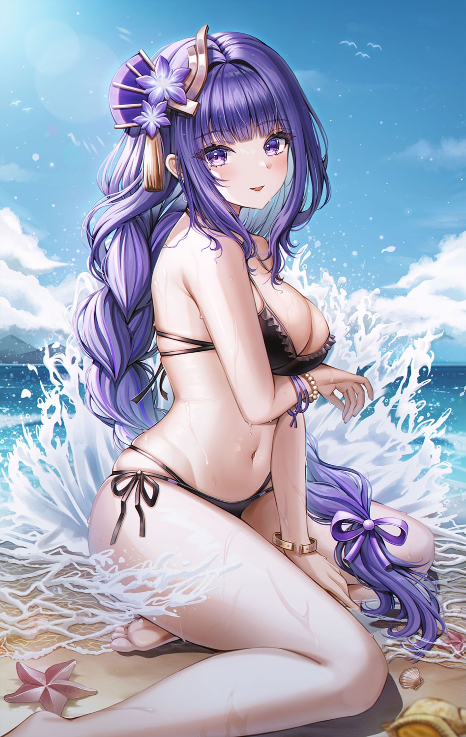 bikini breast_hold genshin_impact raiden_shogun swimsuits wet wol_(wol_927)