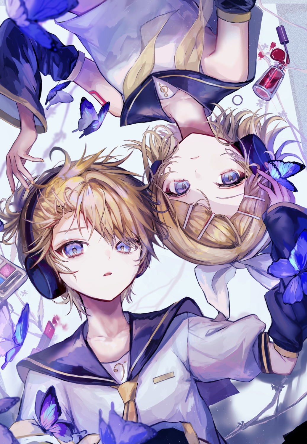 headphones kagamine_len kagamine_rin pipi_(pixiv_71334597) seifuku tattoo vocaloid