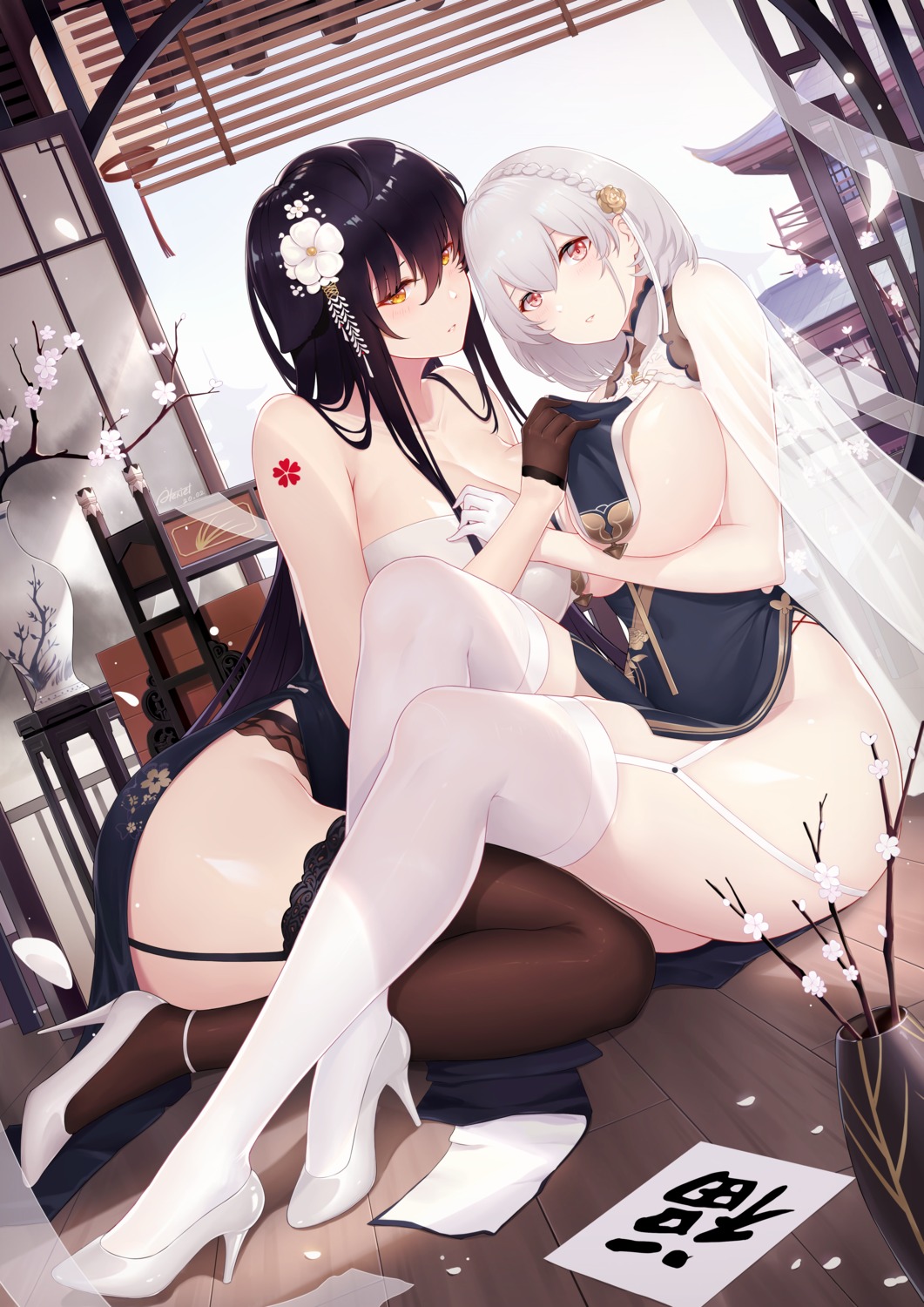 alexiel_(pixiv6211566) asian_clothes azuma_(azur_lane) azur_lane breast_hold chinadress cleavage heels no_bra sirius_(azur_lane) stockings symmetrical_docking thighhighs underboob yuri