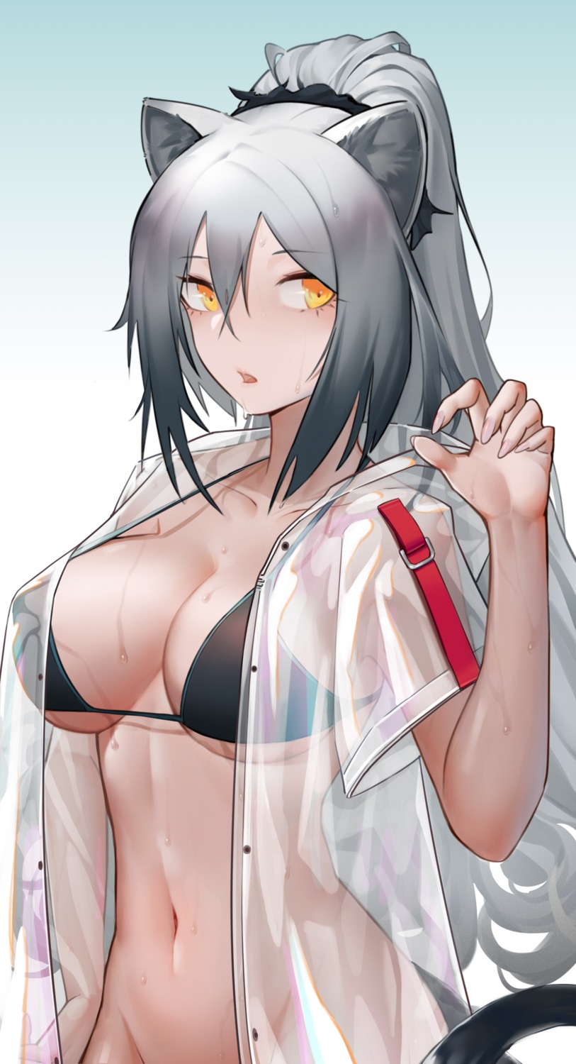 animal_ears arknights bikini_top bottomless erect_nipples nekomimi open_shirt piao_miao schwarz_(arknights) see_through swimsuits tail underboob wet