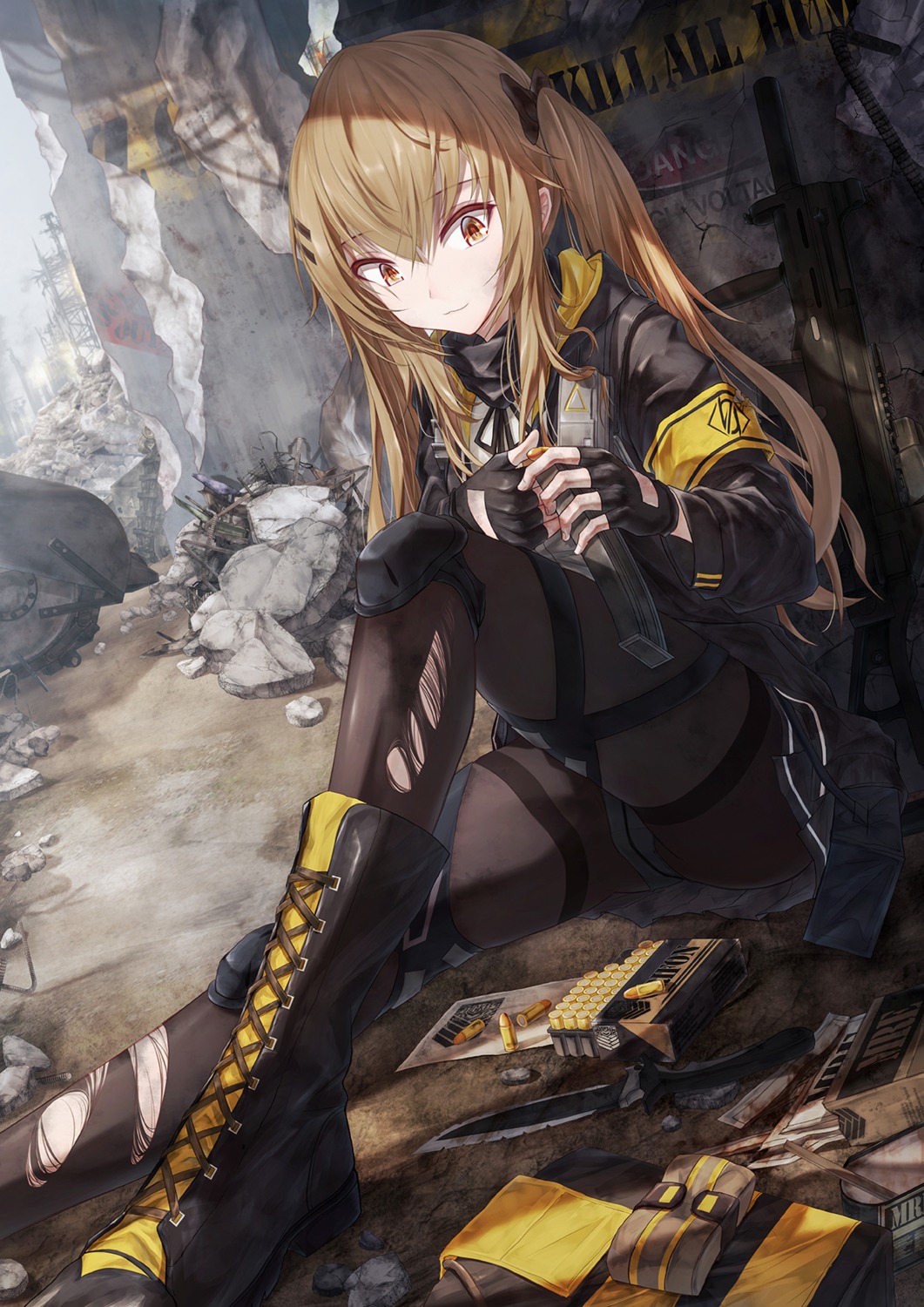 bae.c girls_frontline gun pantyhose torn_clothes ump9_(girls_frontline) weapon