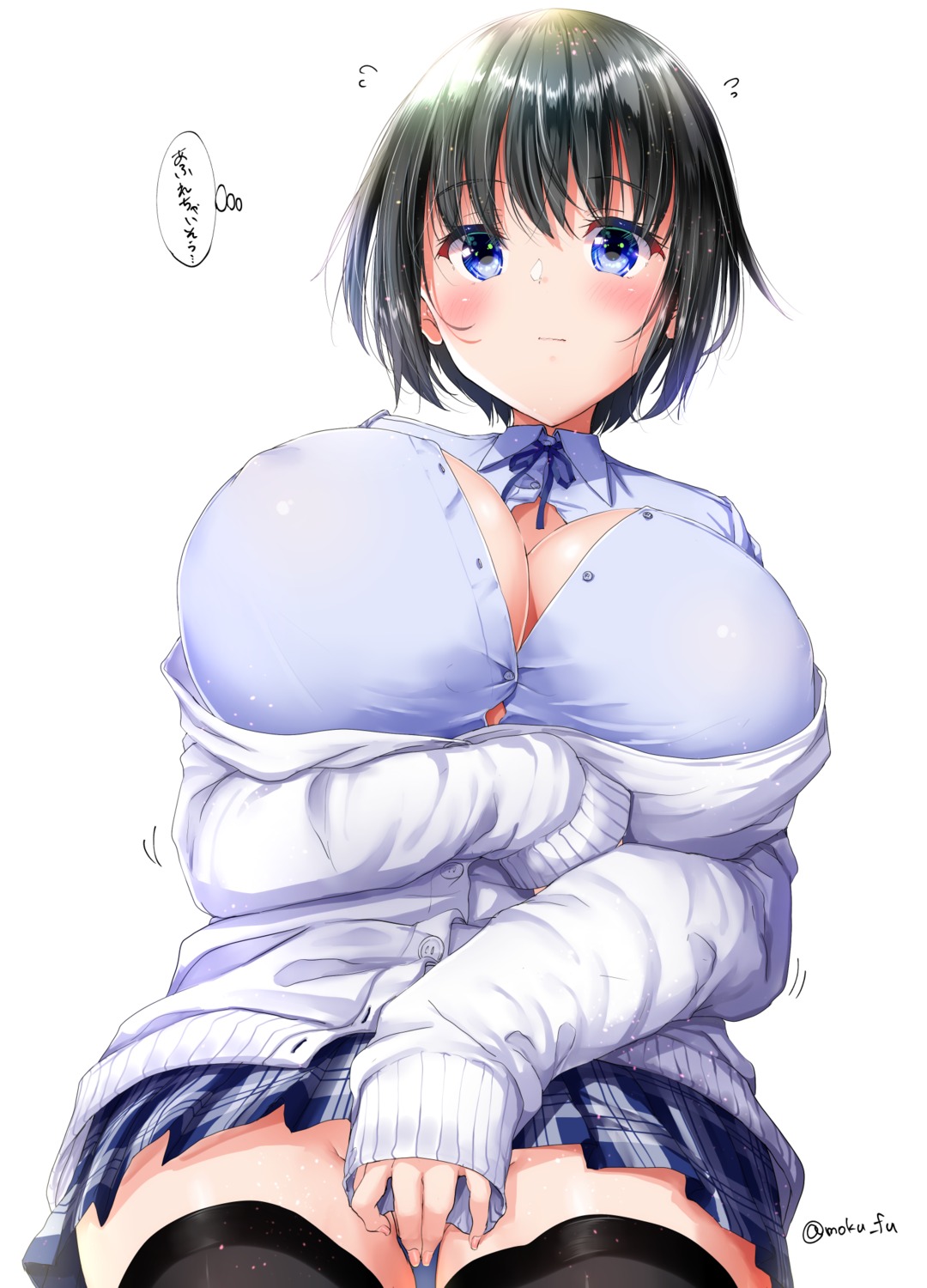 breast_hold cleavage erect_nipples mokufuu open_shirt seifuku sweater thighhighs