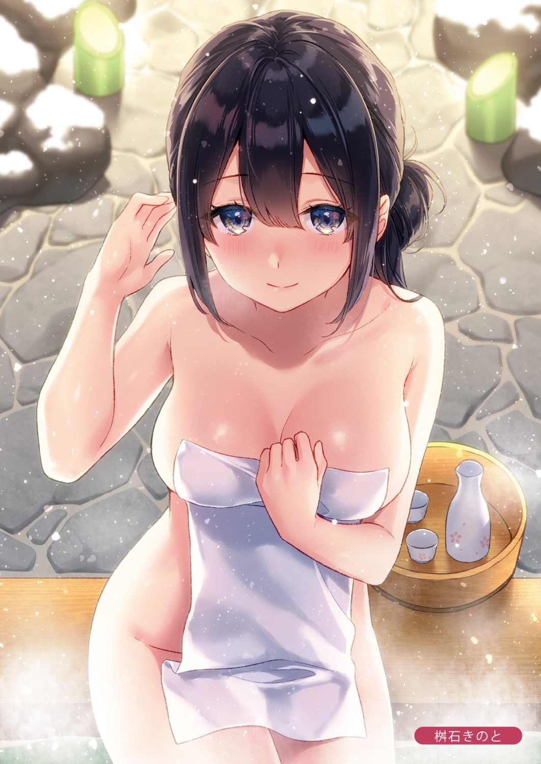 bathing breast_hold masuishi_kinoto naked onsen possible_duplicate sake towel wet