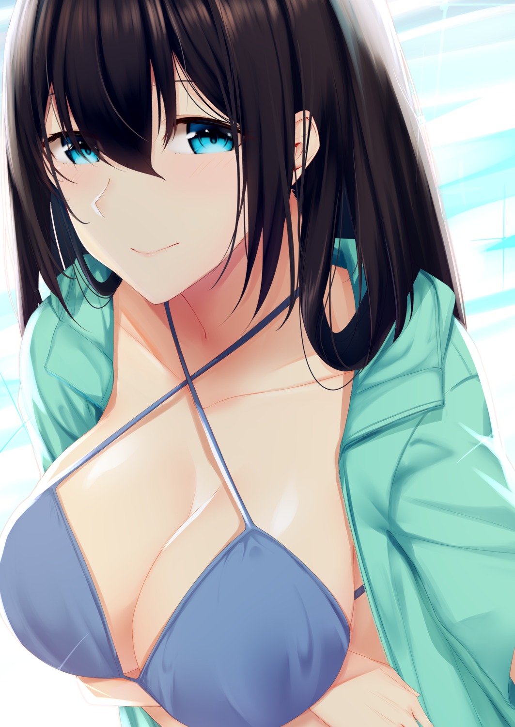 bikini_top breast_hold cleavage huurin open_shirt sagisawa_fumika swimsuits the_idolm@ster the_idolm@ster_cinderella_girls