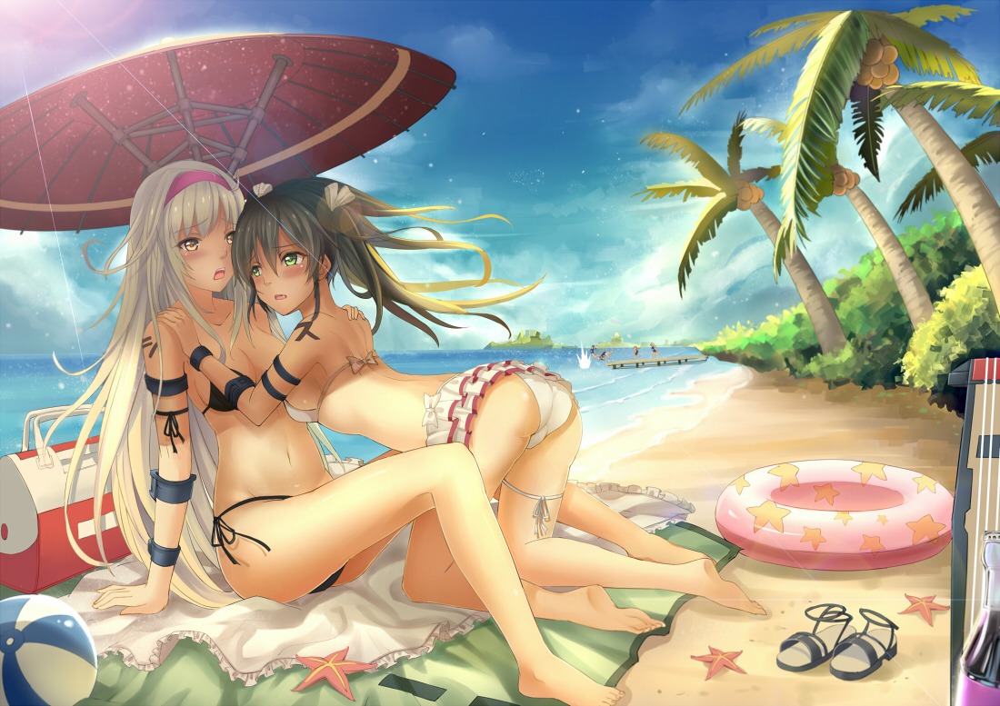 ass bikini cleavage feet garter kantai_collection shoukaku_(kancolle) swimsuits yeluno_meng zuikaku_(kancolle)