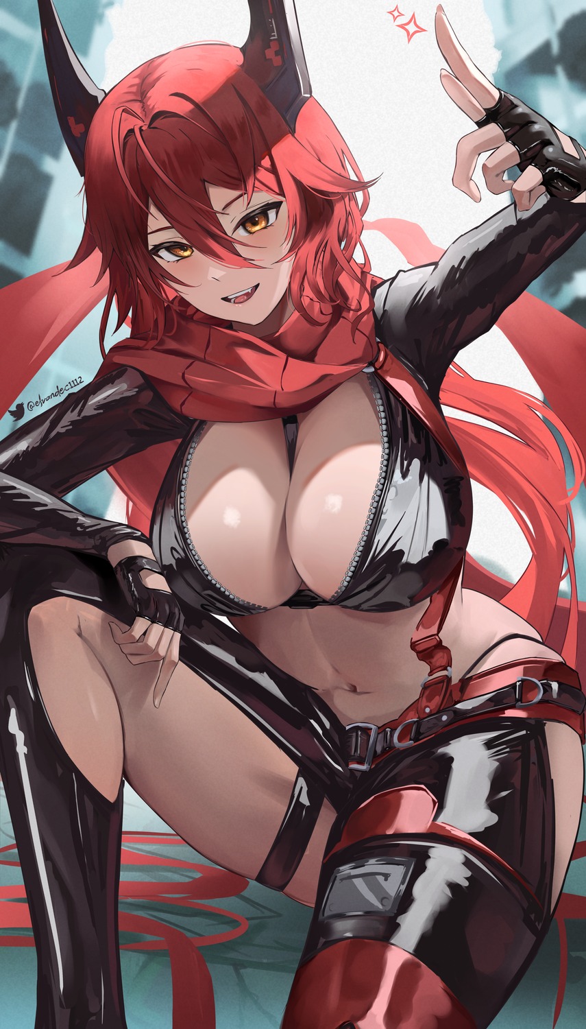 elvandec garter goddess_of_victory:_nikke horns no_bra open_shirt red_hood_(nikke)