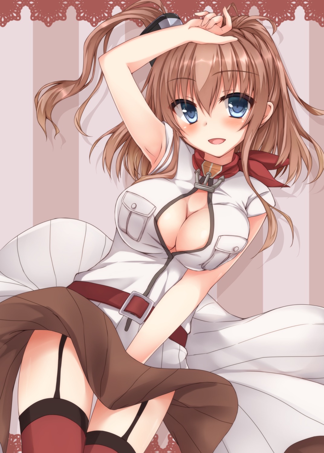 cleavage kantai_collection lowell_(ouranoss2kanata) no_bra open_shirt saratoga_(kancolle) stockings thighhighs uniform