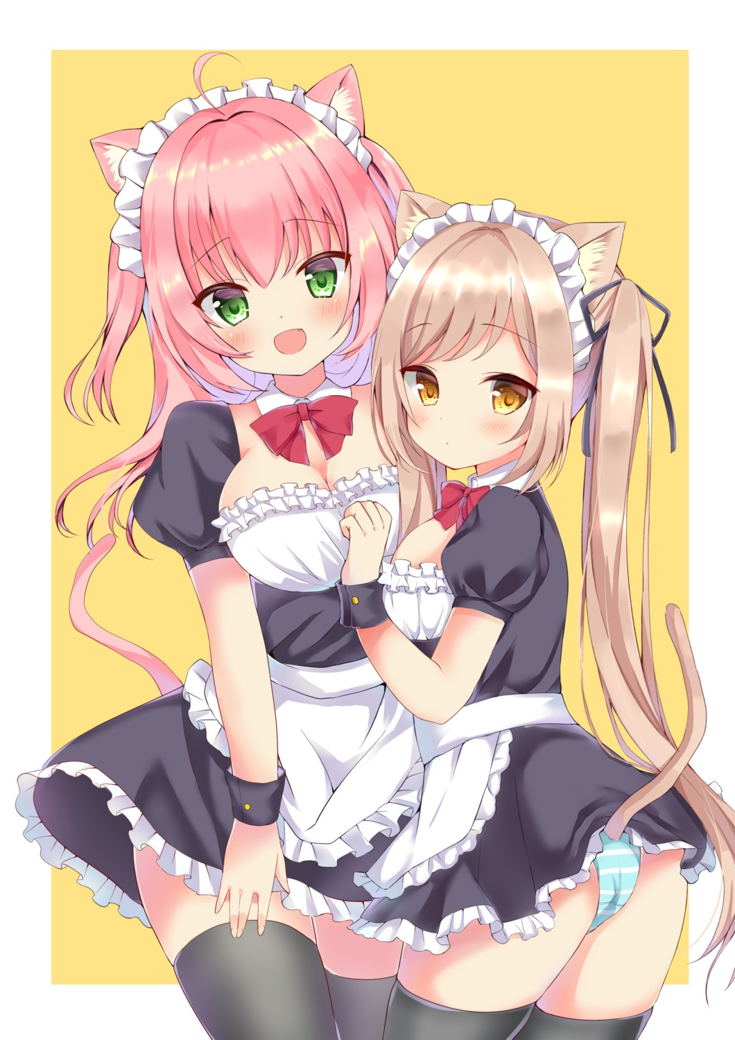 animal_ears ass breast_hold cameltoe cleavage hamico maid nekomimi no_bra pantsu shimapan skirt_lift tail thighhighs