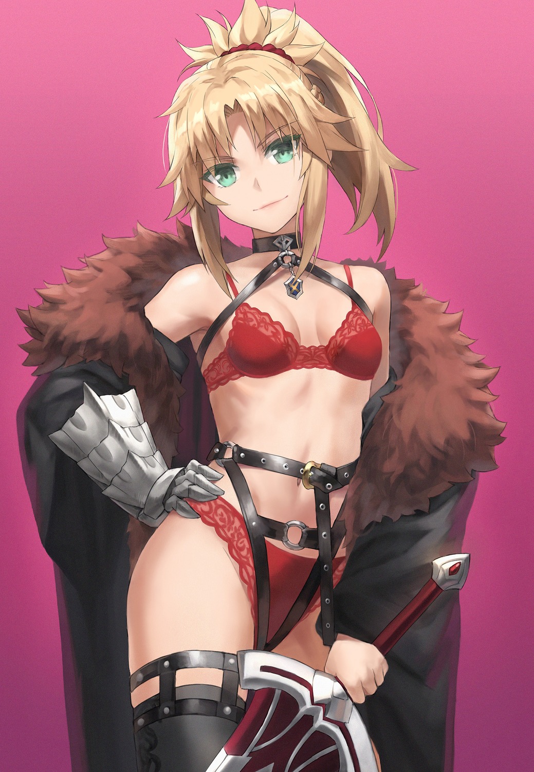 armor bra fate/grand_order garter lingerie mordred_(fate) open_shirt pantsu stockings sword thighhighs tonee