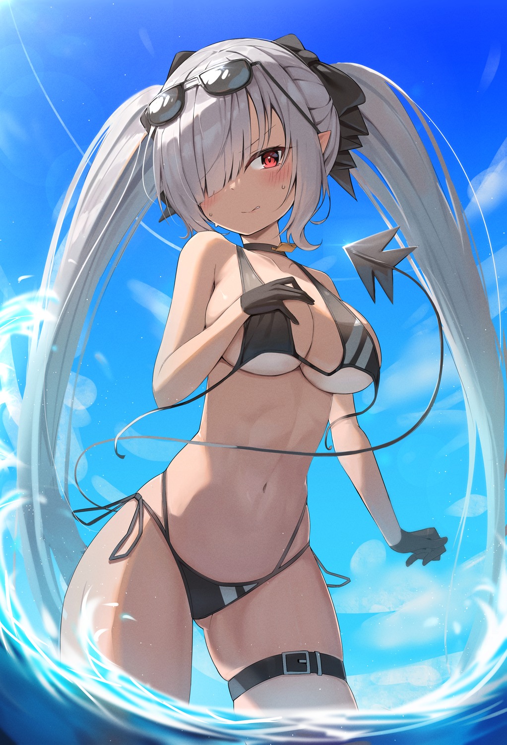 artist_revision bikini blue_archive garter megane pointy_ears shiromi_iori swimsuits tail three_twosix wardrobe_malfunction wet