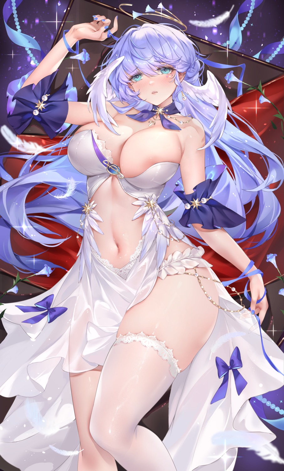 areola dress halo honkai:_star_rail melailai no_bra robin see_through thighhighs wings