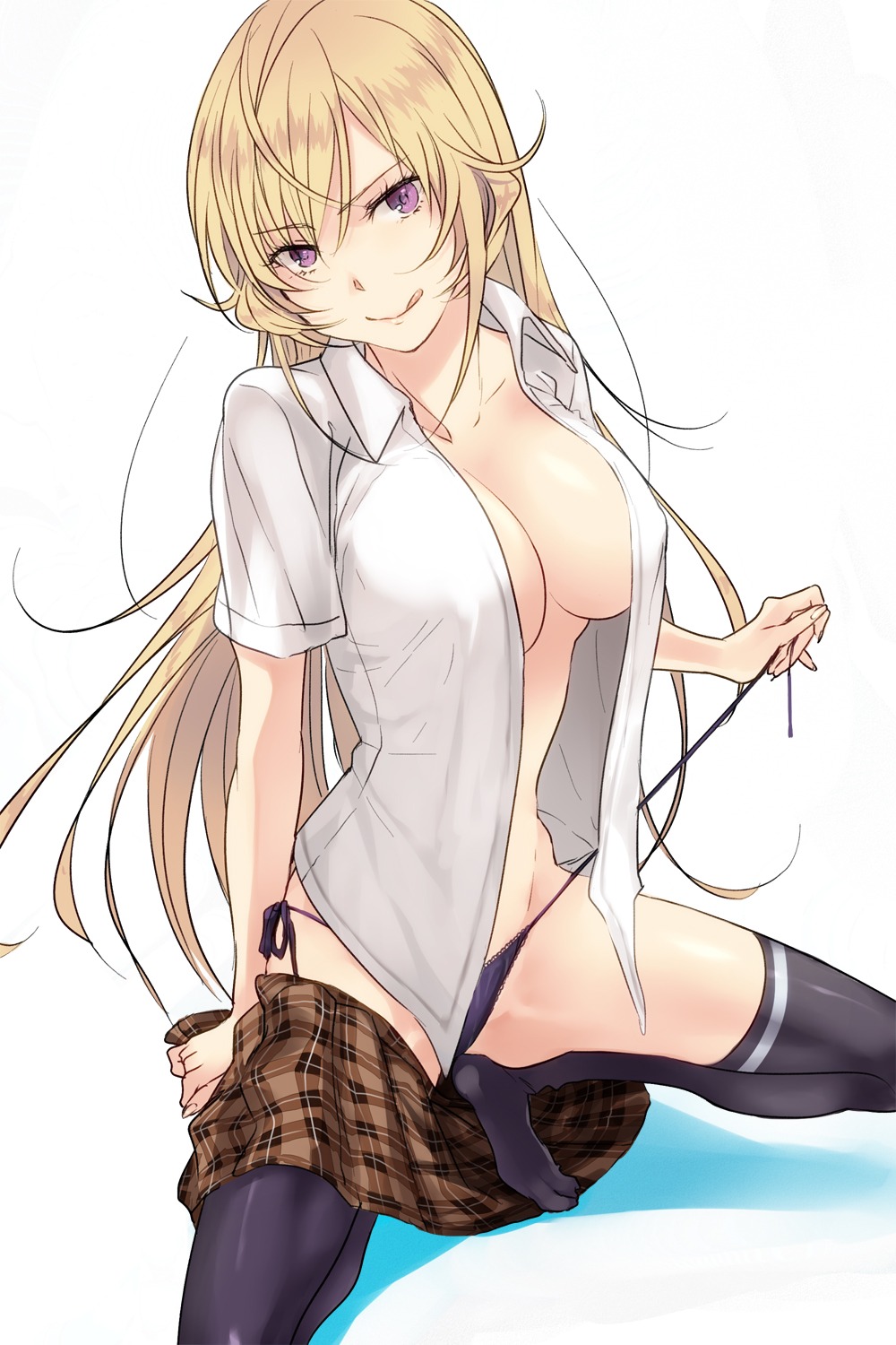 3u cleavage nakiri_erina no_bra open_shirt pantsu seifuku shokugeki_no_soma string_panties thighhighs undressing