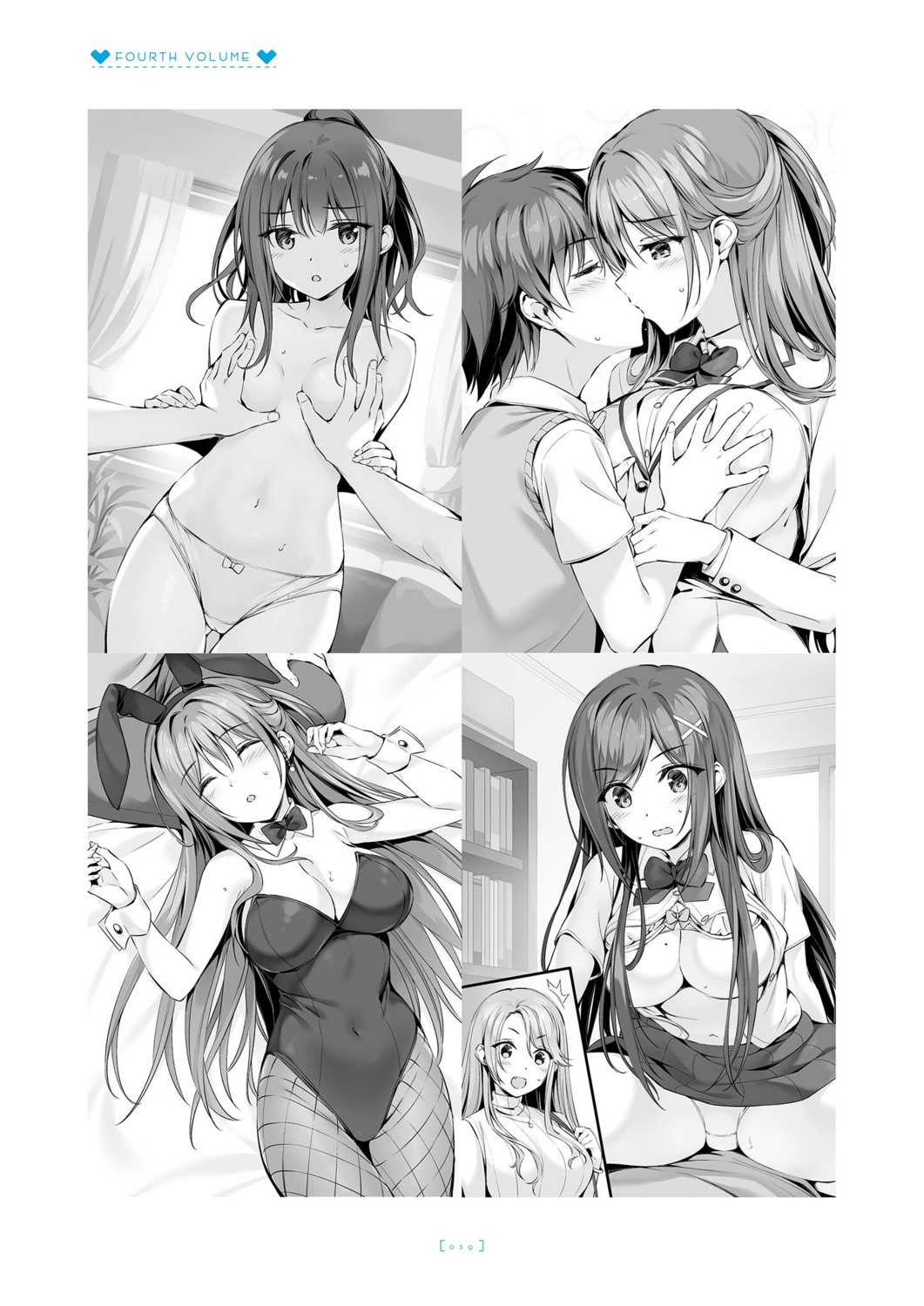 animal_ears boku_no_kanojo_sensei bra breast_grab breasts bunny_ears bunny_girl fishnets fujiki_maka jinsho_karen keimi_shiya monochrome no_bra open_shirt oryou pantsu pantyhose saigi_makoto saigi_miharu seifuku skirt_lift sweater topless