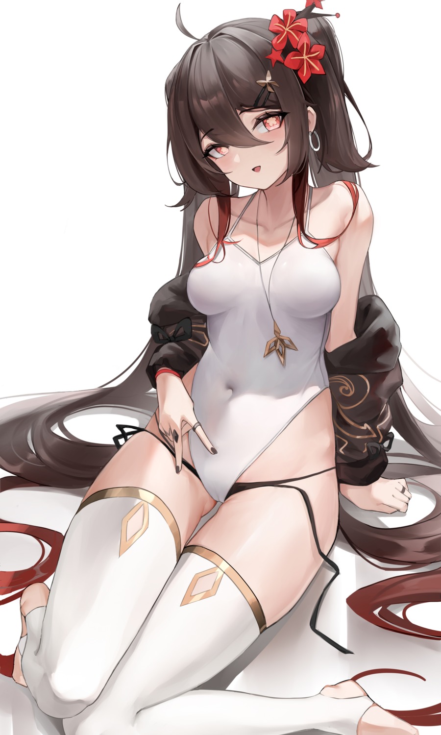 asian_clothes berserker_r cameltoe genshin_impact hu_tao panty_pull swimsuits thighhighs
